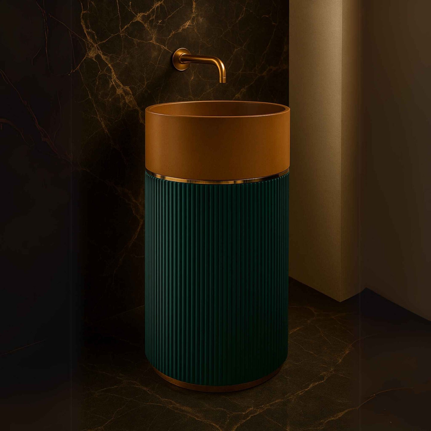 Cylindrical pedestal washbasin with terracotta top, teal fluted base, and brass wall-mounted faucet in luxury bathroom front angle