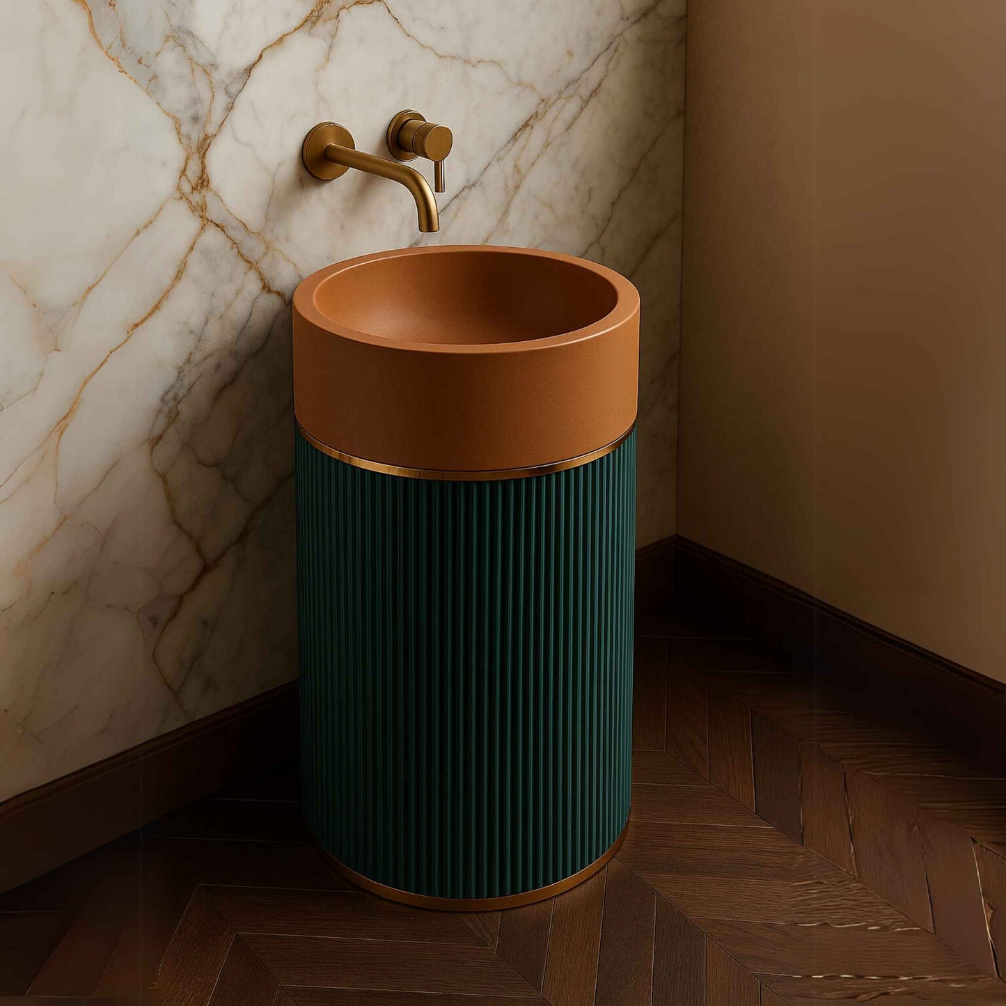 Cylindrical pedestal washbasin with terracotta top, teal fluted base, and brass wall-mounted faucet in luxury bathroom