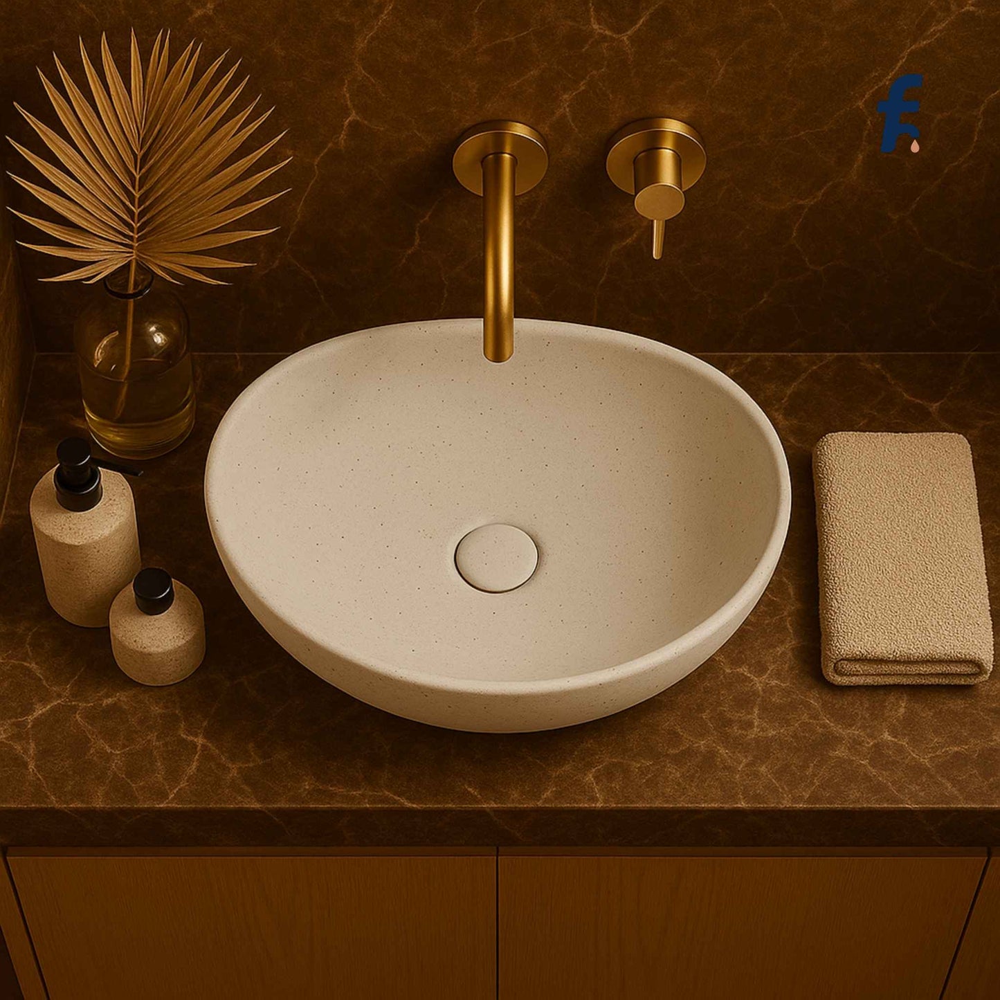 Top view of terrazzo table top basin in modern bathroom