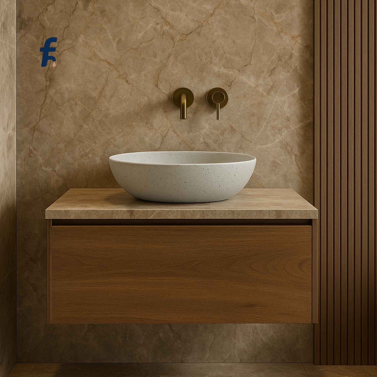 Side view of terrazzo modern countertop basin in elegant setting
