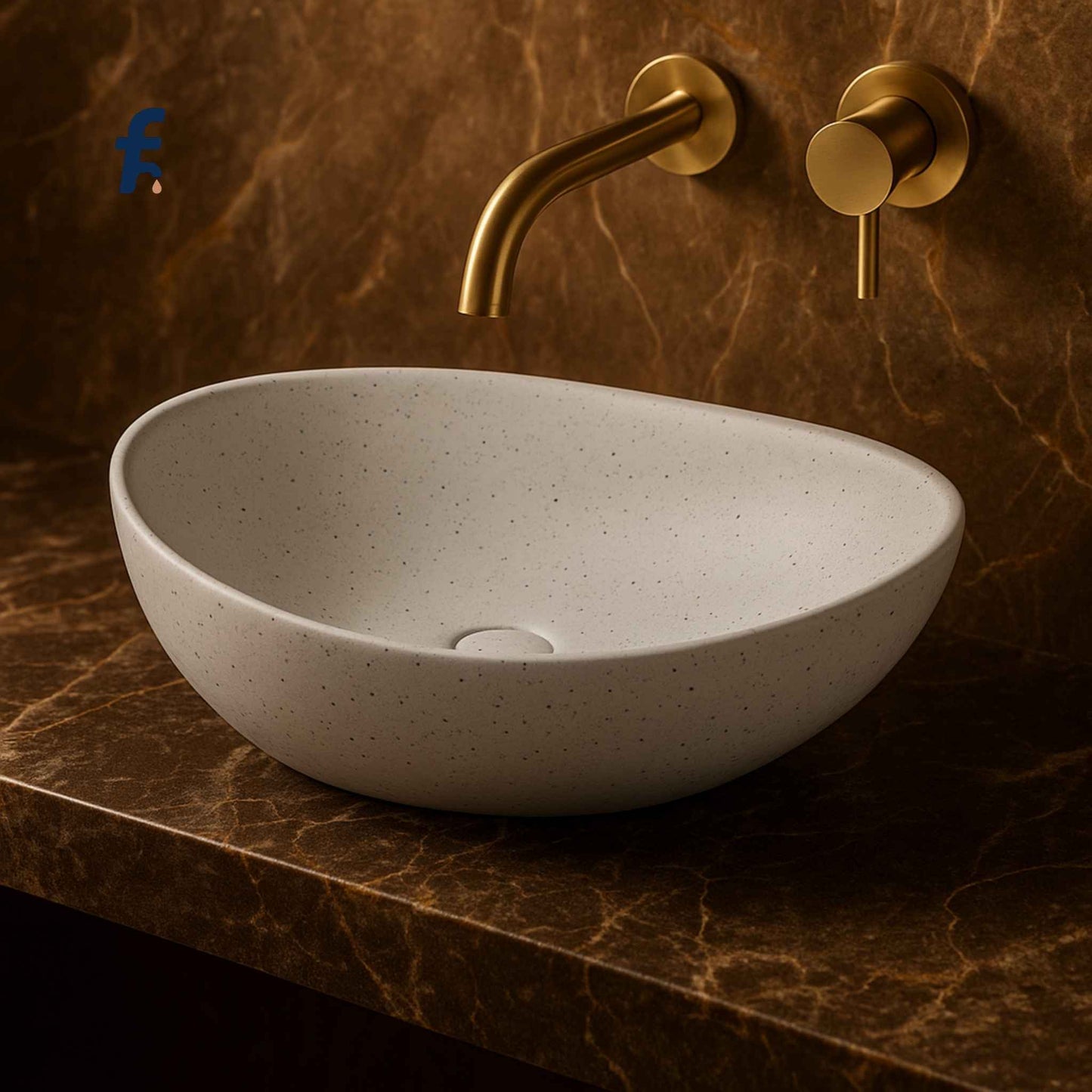Close-up front angle of terrazzo table top wash basin with speckled texture