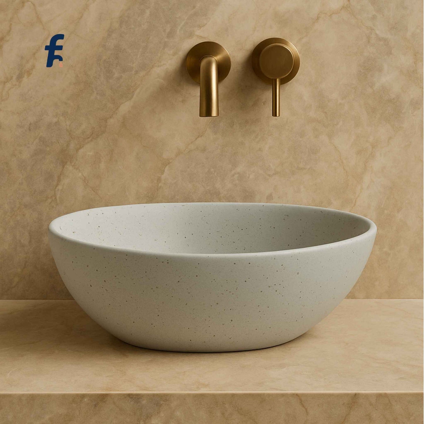 Front view of terrazzo designer table top wash basin in luxury bathroom