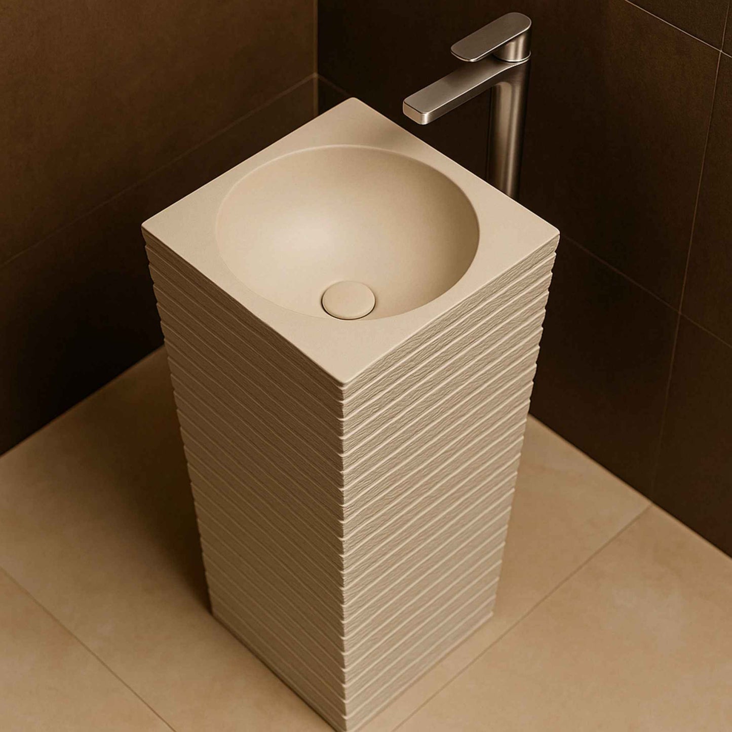 Top view of round bowl inset in layered off-white pedestal basin