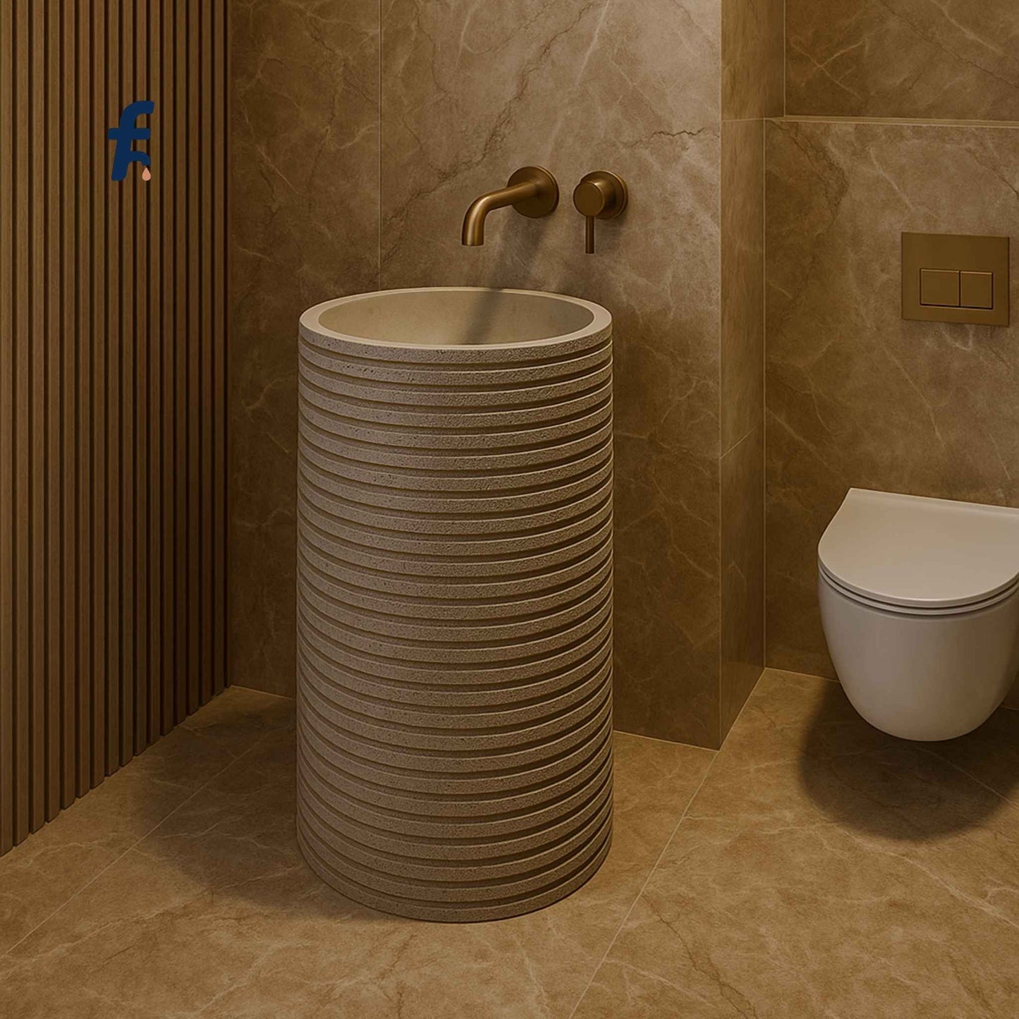 Full luxury washroom featuring EQAS-043 textured pedestal basin and wall-mounted faucet