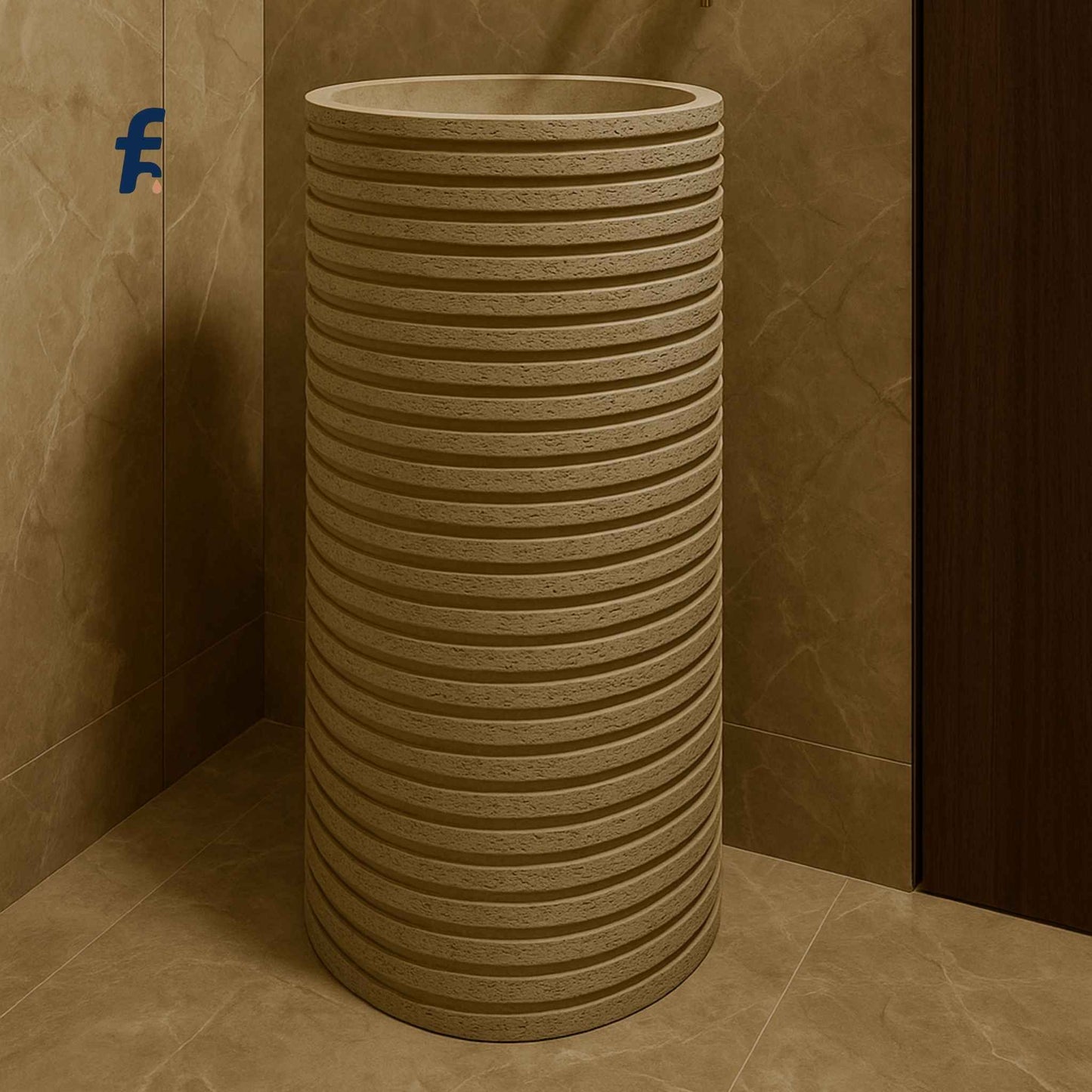 Side angle of modern designer pedestal wash basin with textured finish in an elegant bathroom