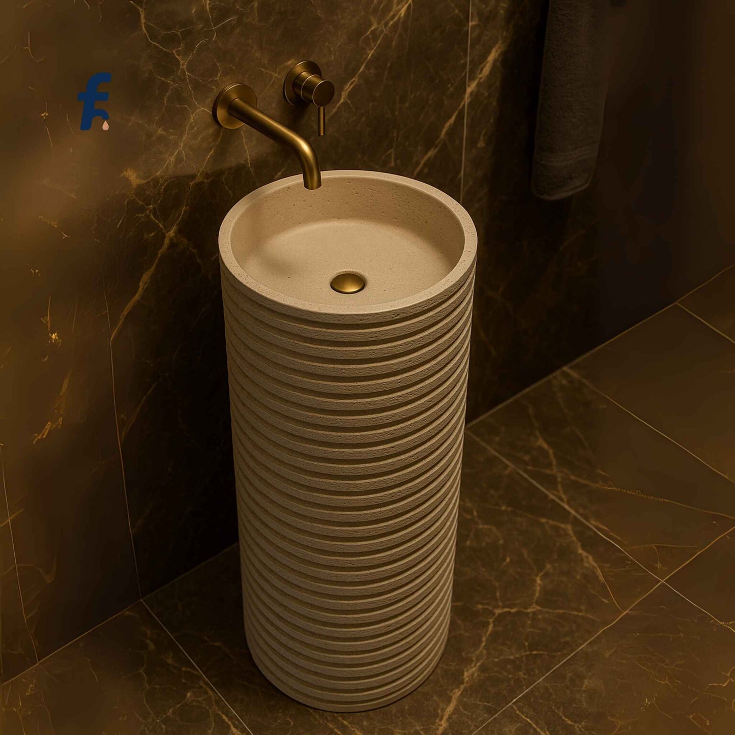 Top view of luxury freestanding wash basin with ribbed stone texture and cylindrical design
