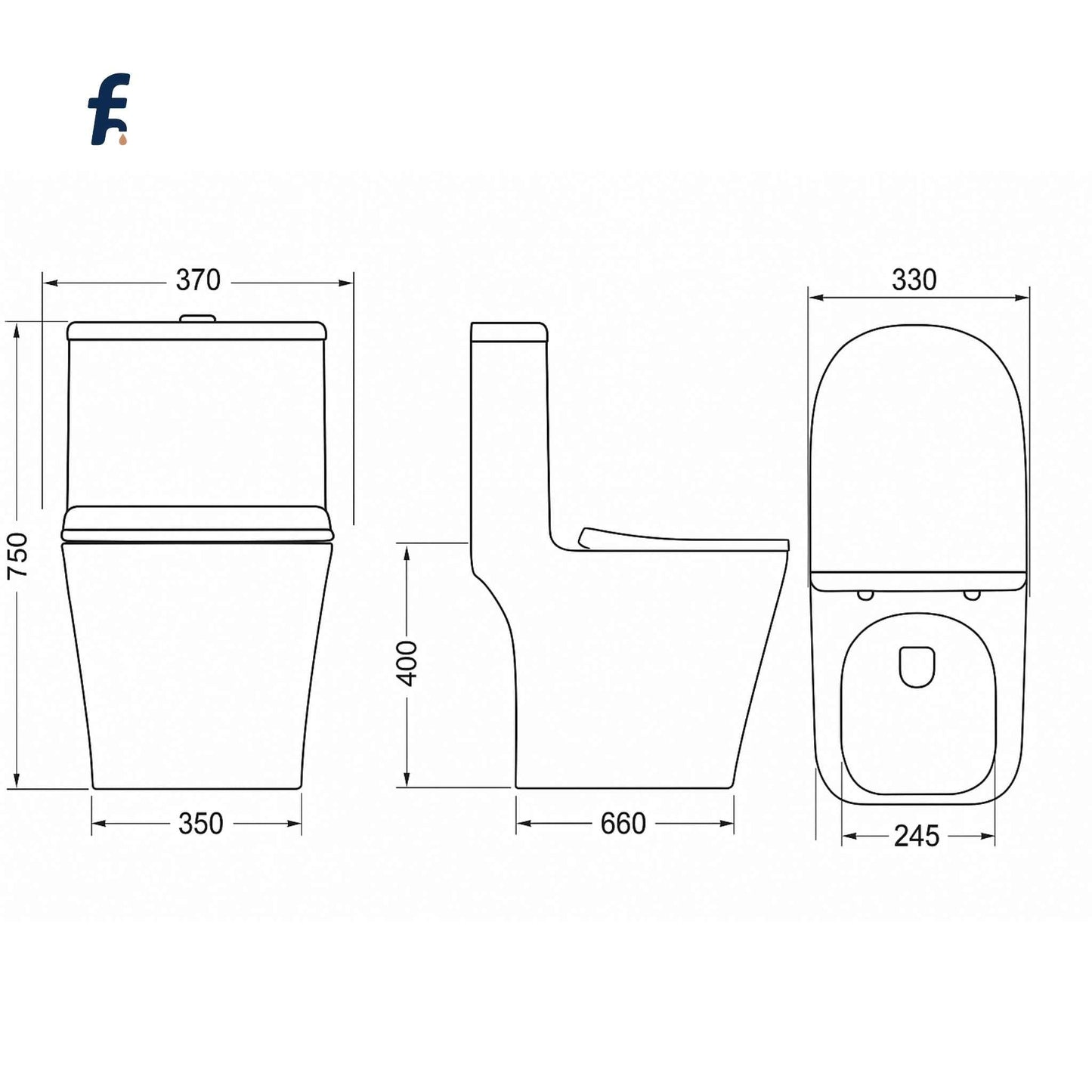 Technical drawing of a toilet with dimensions labeled