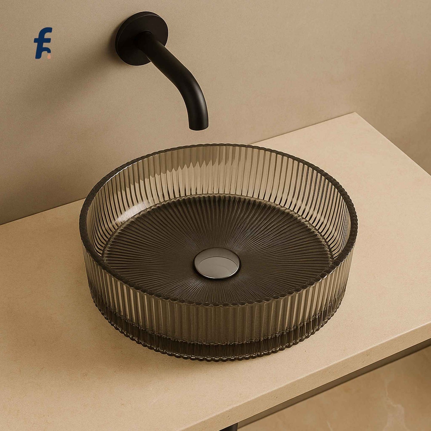 Brown fluted washbasin on a beige countertop with a black faucet.