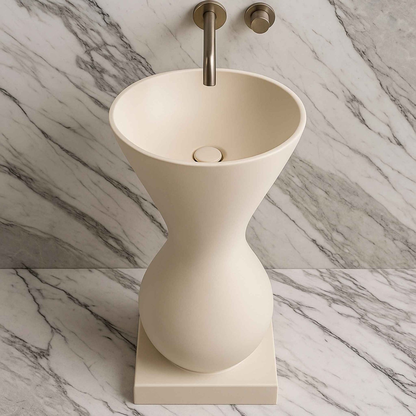 Top-down view of round basin atop sculpted hourglass pedestal