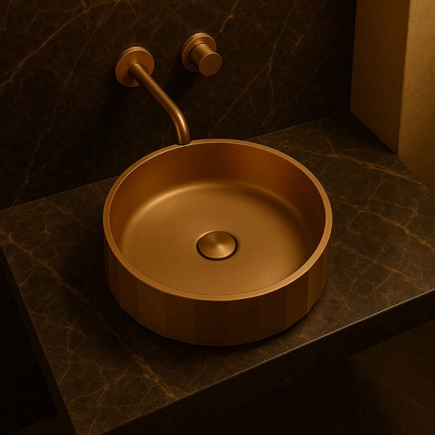 Top view of EQST-006 designer rose gold basin with nano coating placed in a luxury bathroom