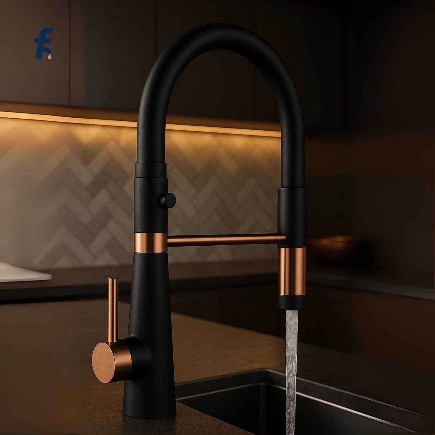 Modern black and rose gold kitchen faucet with water flowing in a kitchen setting.