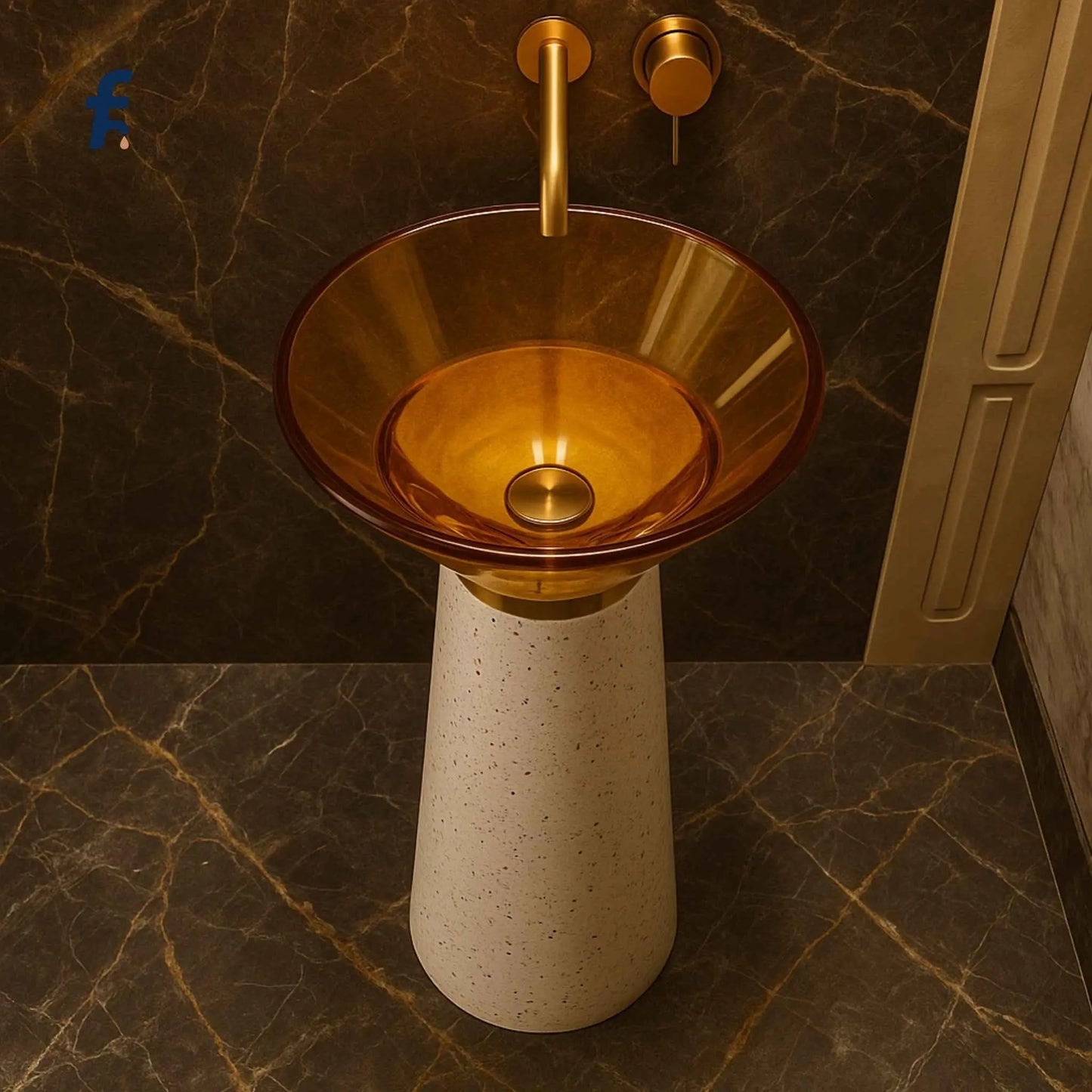 Bathroom sink with gold basin and white pedestal against a dark marble wall. Top angle view of conical amber wash basin with terrazzo base