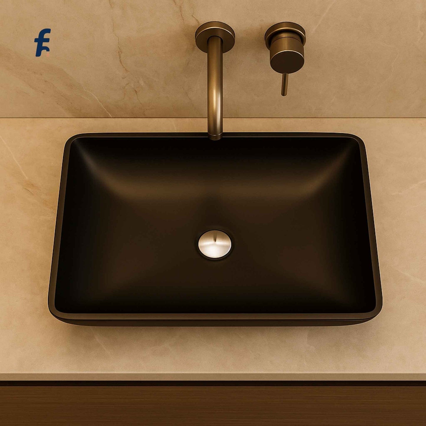 Black rectangular Glass washbasin with bronze faucet on a beige tiled wall in a luxurious modern bathroom