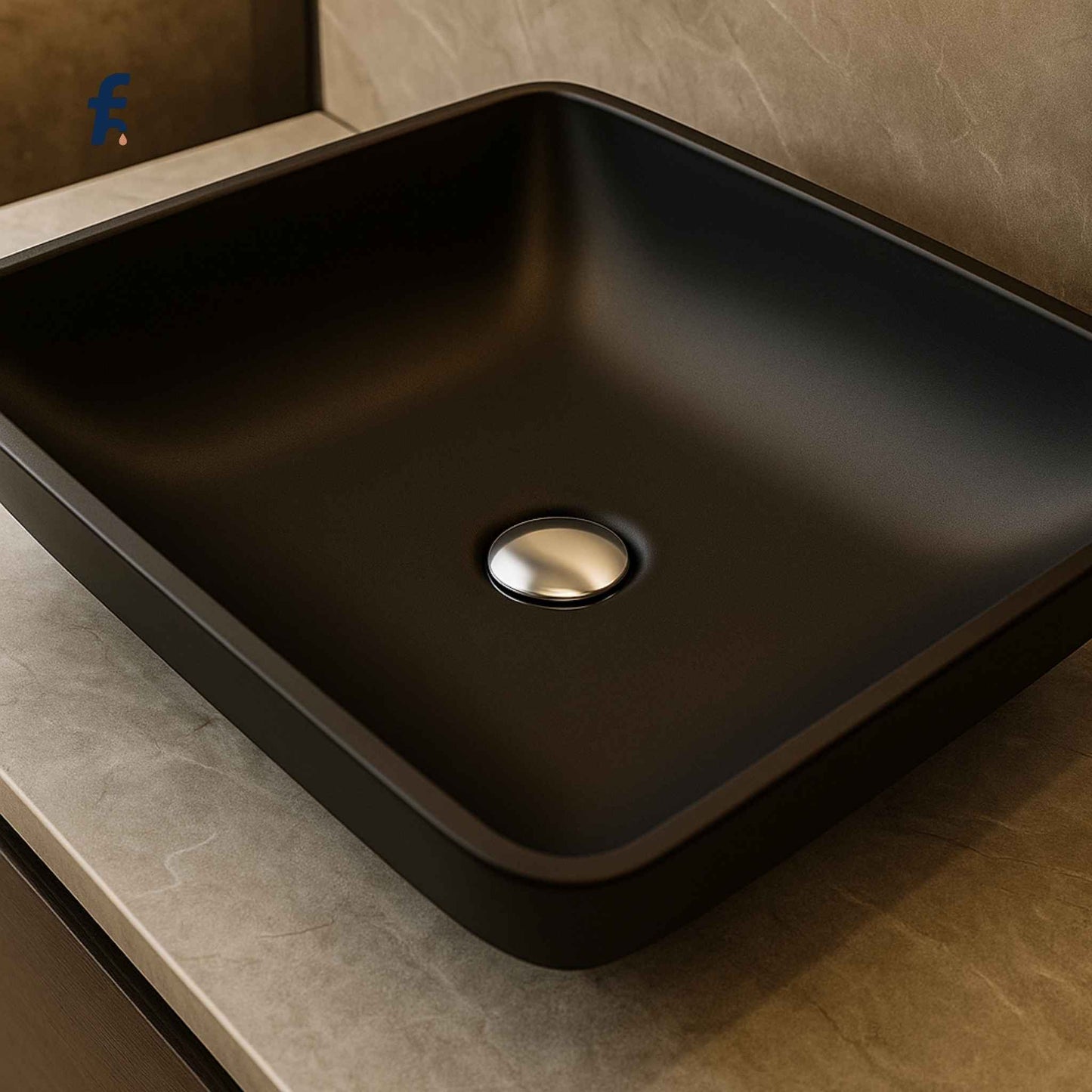 Glass Black rectangular washbasin on a beige countertop in a luxurious bathroom