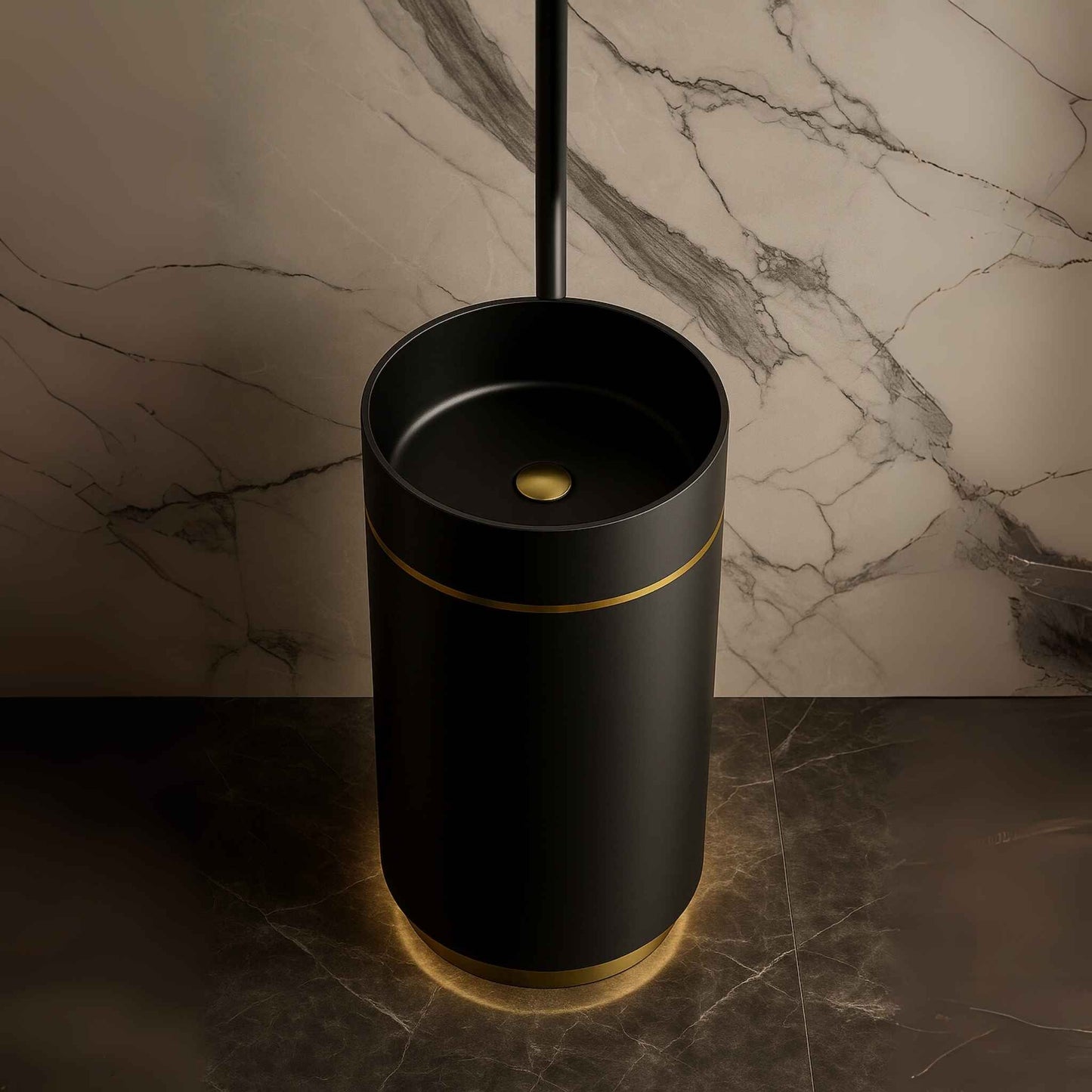 Top angle shot of a matte black and gold pedestal basin with round shape and PVD finish in a premium bathroom setup
