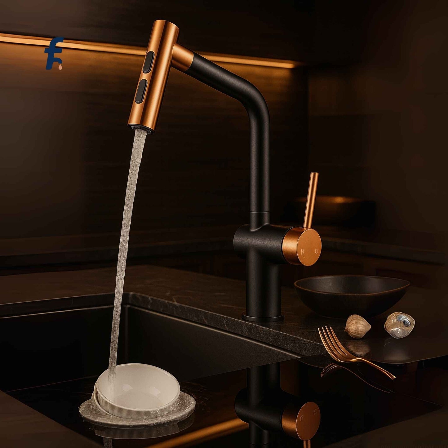 Top angle view of modern black and rose gold kitchen mixer tap showing faucet layout and sink placement