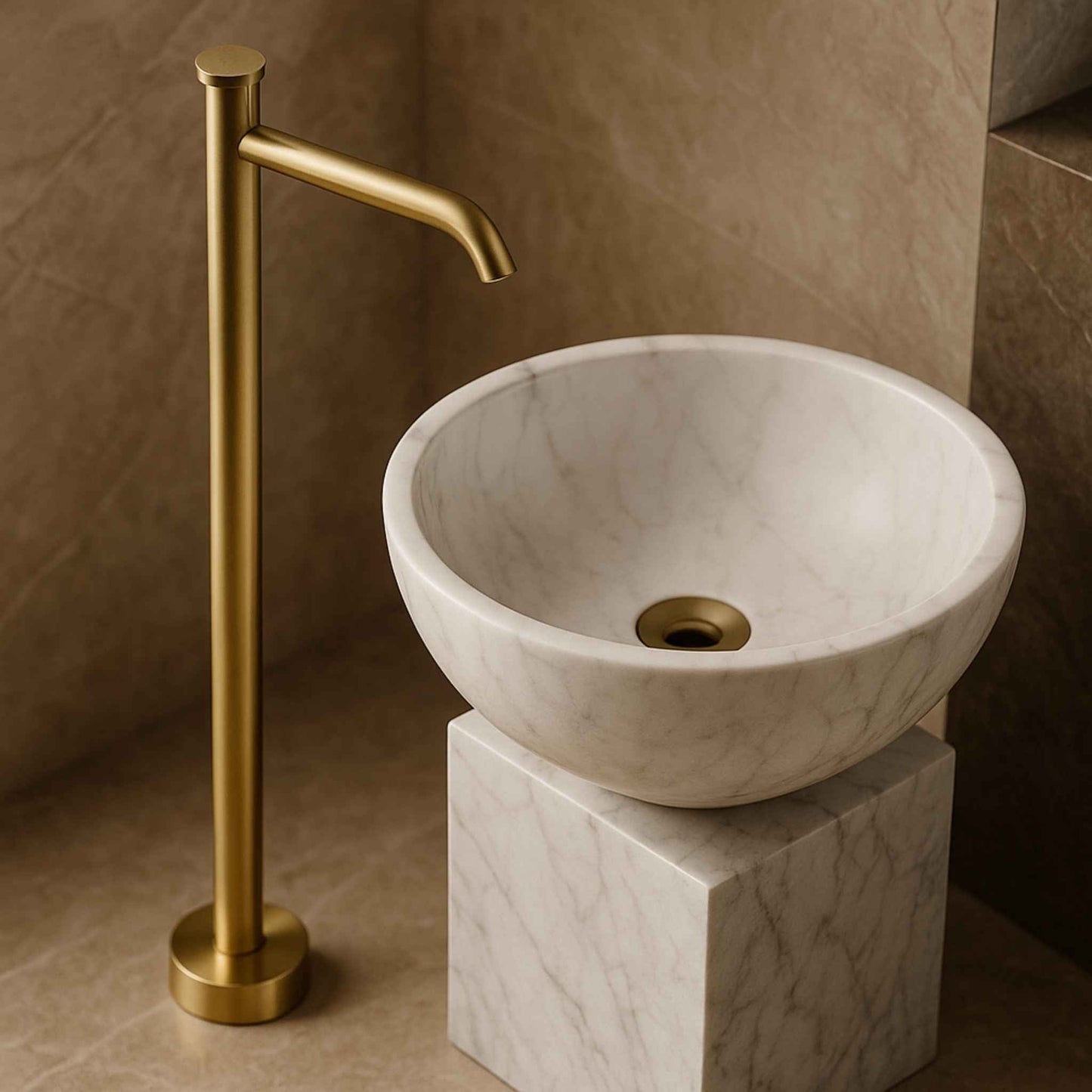 Brushed Gold Floor Mounted Basin Mixer Tap – Luxury Freestanding Faucet for Modern Bathrooms