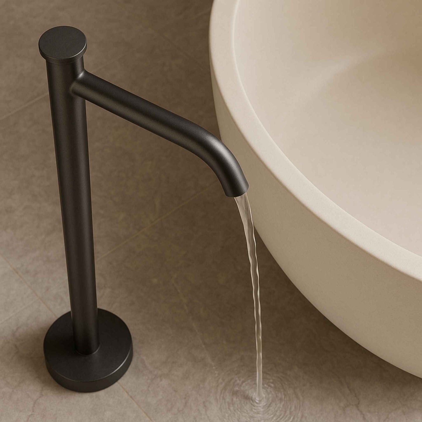 Top angle of floor standing gun metal basin mixer showcasing design and finish