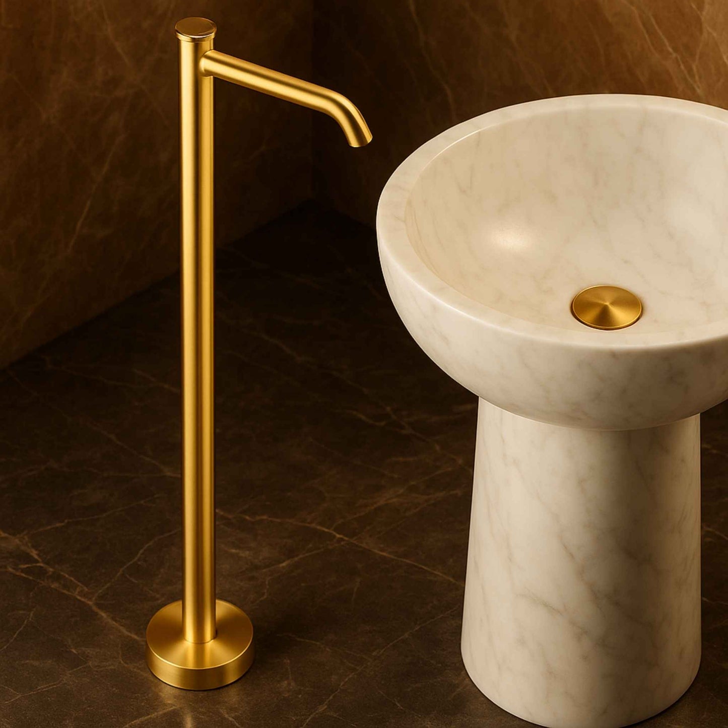 Top angle view of gold freestanding basin mixer with marble pedestal basin
