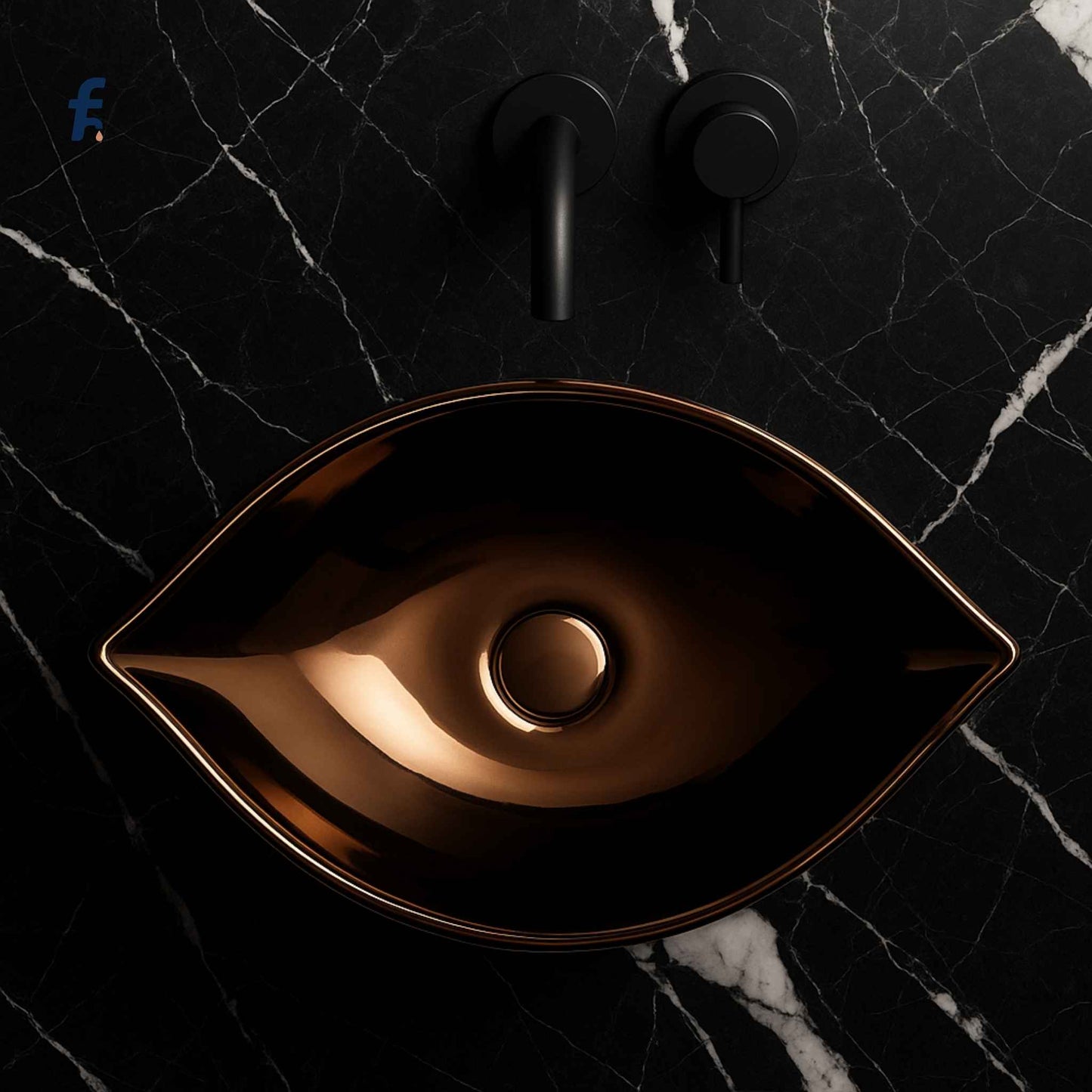 Top angle view of leaf-shaped rose gold basin on black and white Italian marble
