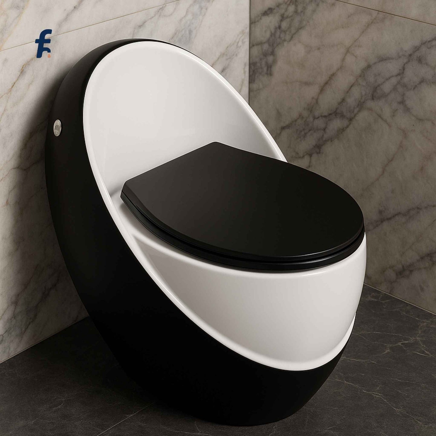 Top view of compact one-piece toilet with matte black lid