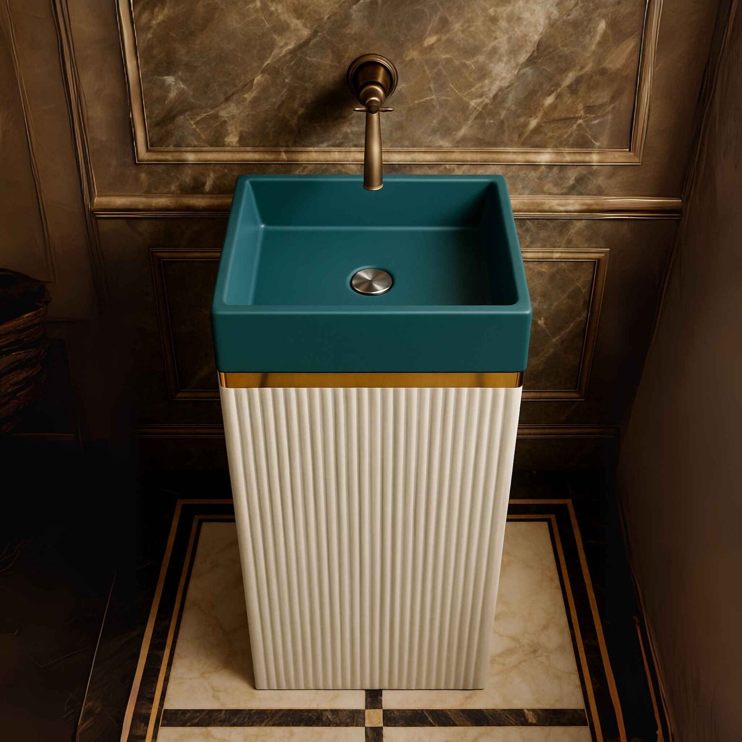 pedestal sink with blue top and white base in a bathroom setting