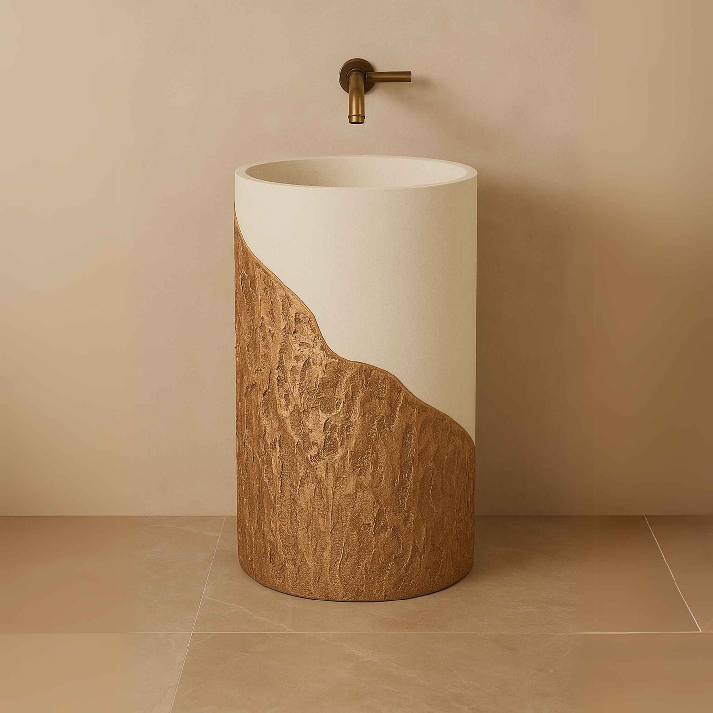 Top-down angle of beige and bronze pedestal washbasin with round bowl and faucet.