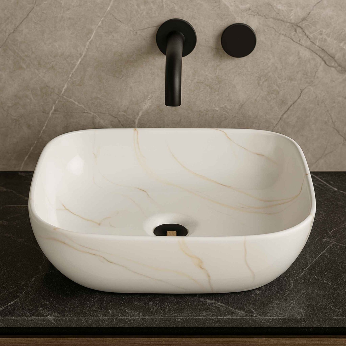 Top view of elegant rectangular white marble wash basin with soft golden lines