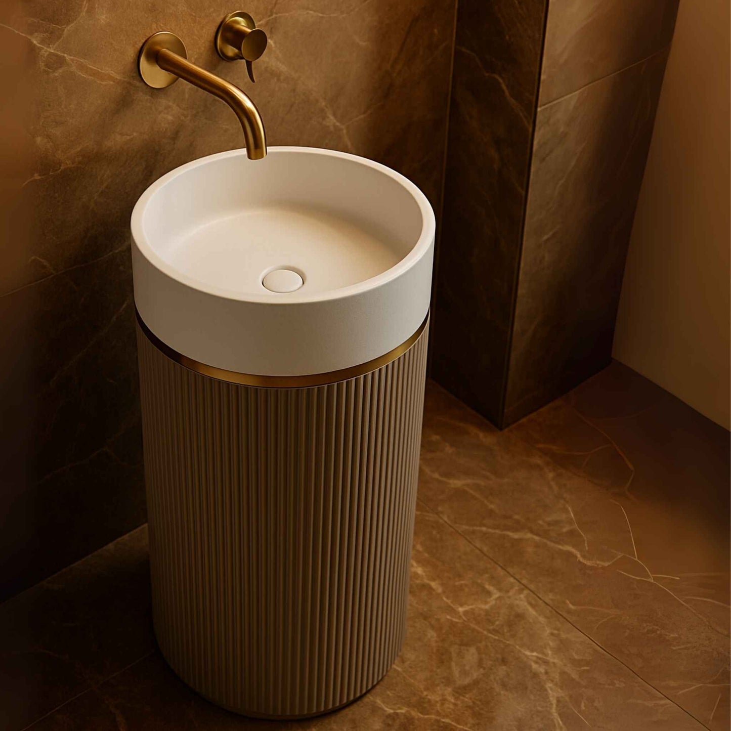 Modern freestanding sink with gold faucet in a bathroom setting