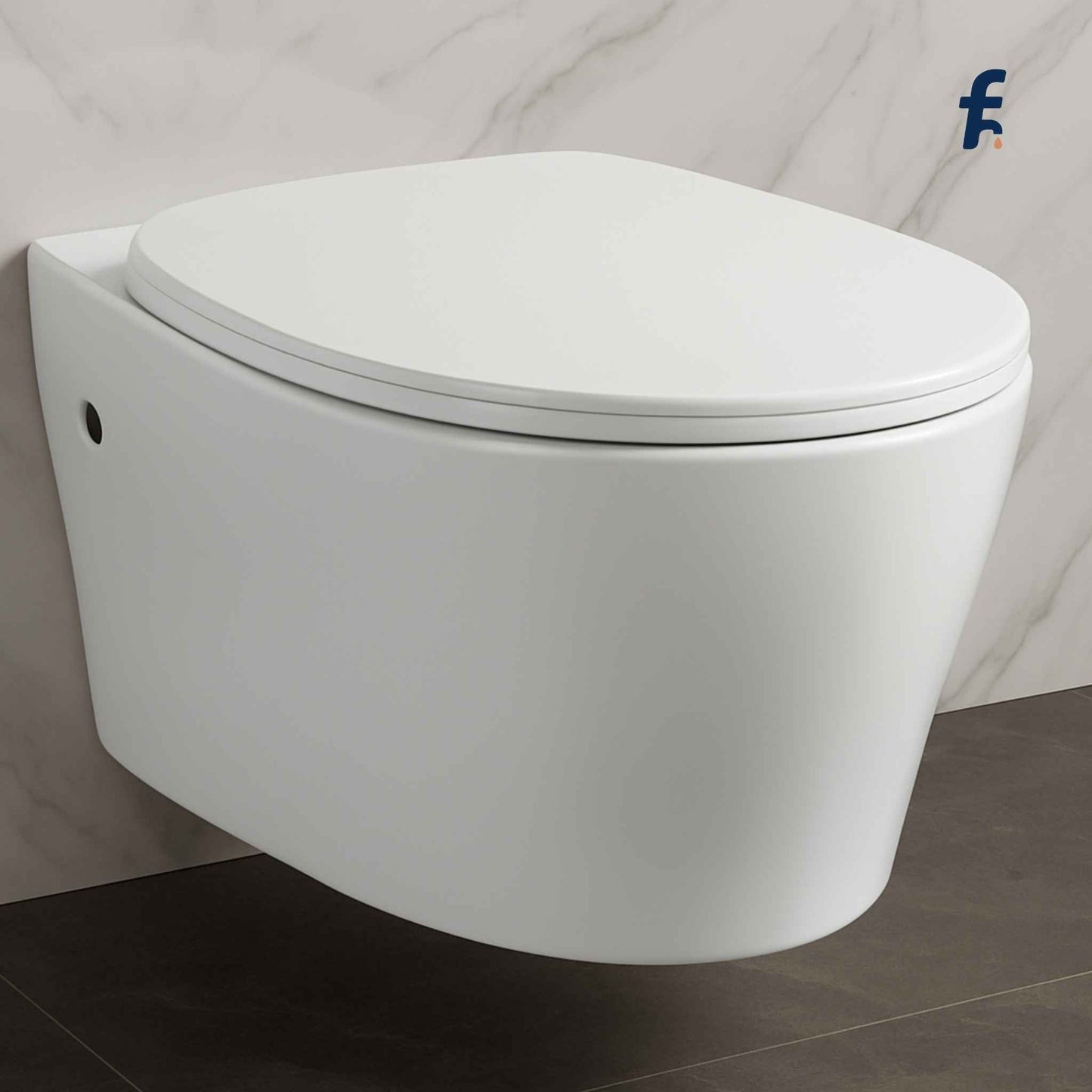 Wall-mounted white toilet against a gray tiled wall Top angle view of white ceramic rimfree toilet in luxury bathroom