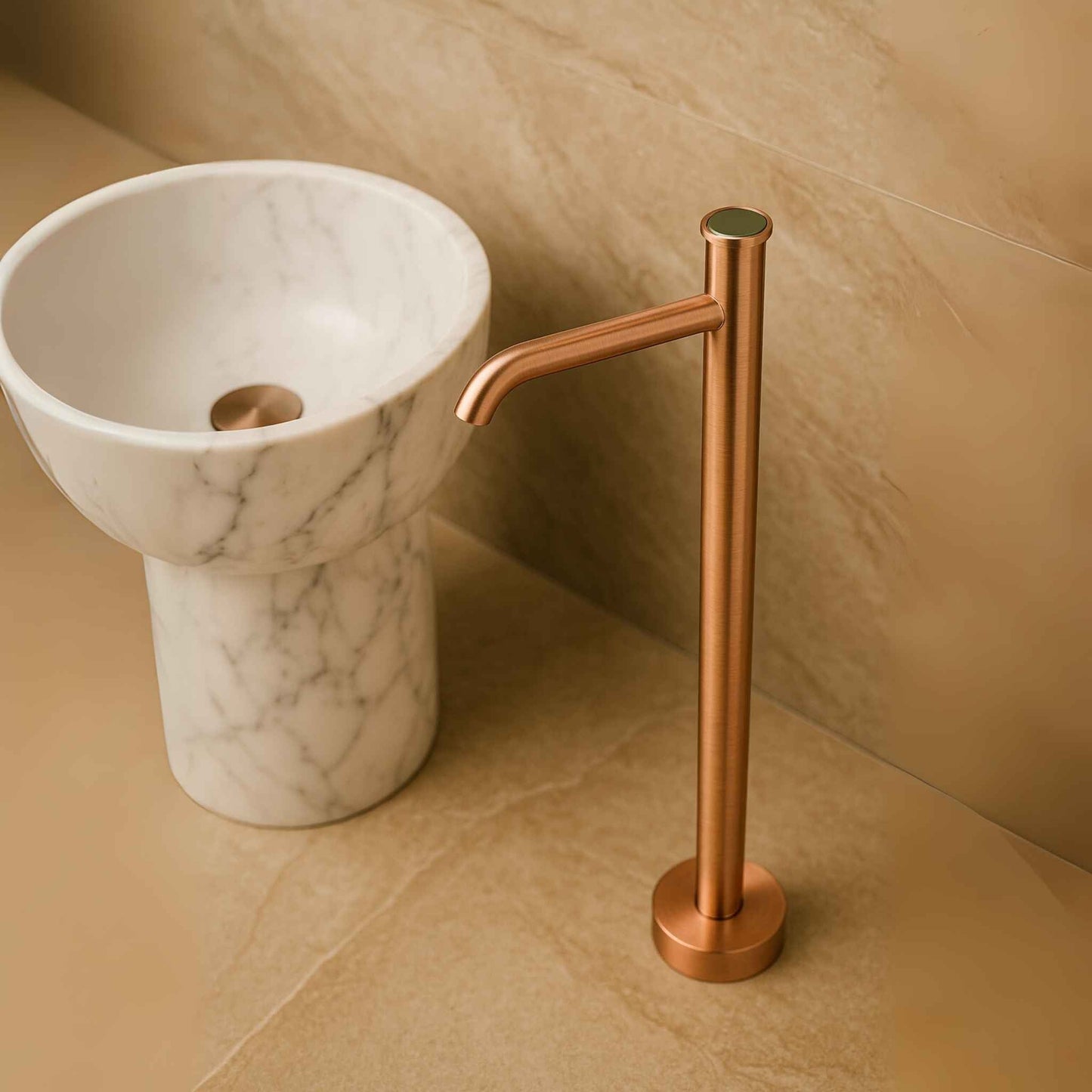 Top angle view of brushed rose gold tall basin mixer in modern setting