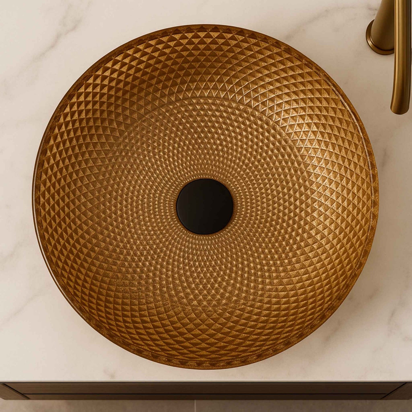 Top angle of golden diamond-pattern round glass basin on bathroom counter
