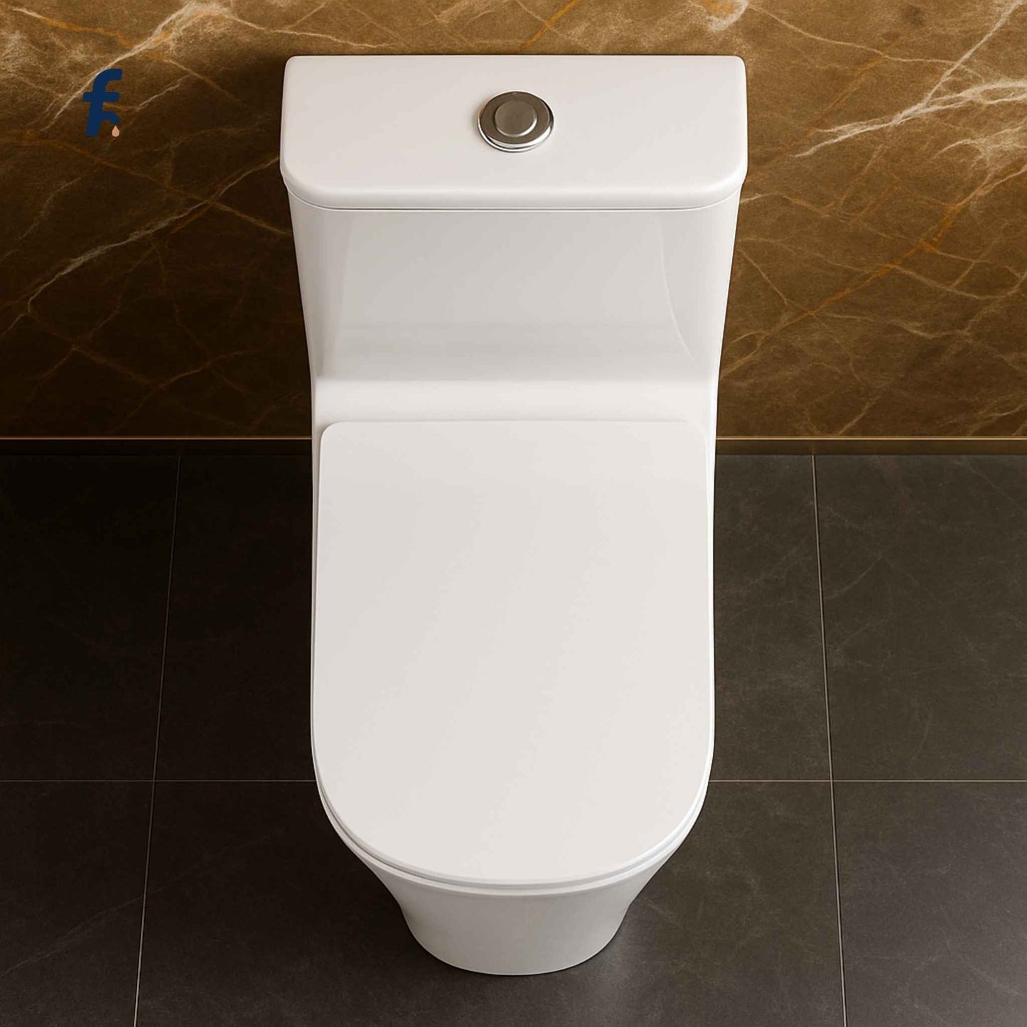 Top view highlighting soft-close seat and flush button