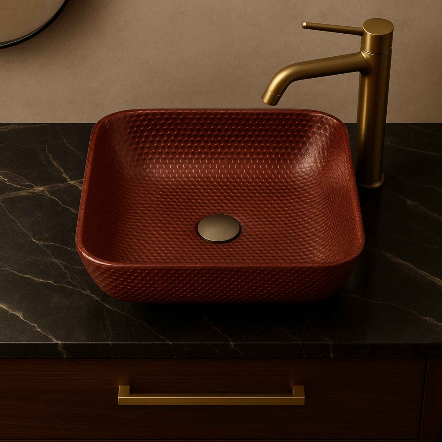 Top view of red glass countertop wash basin with diamond texture – square 400mm modern design