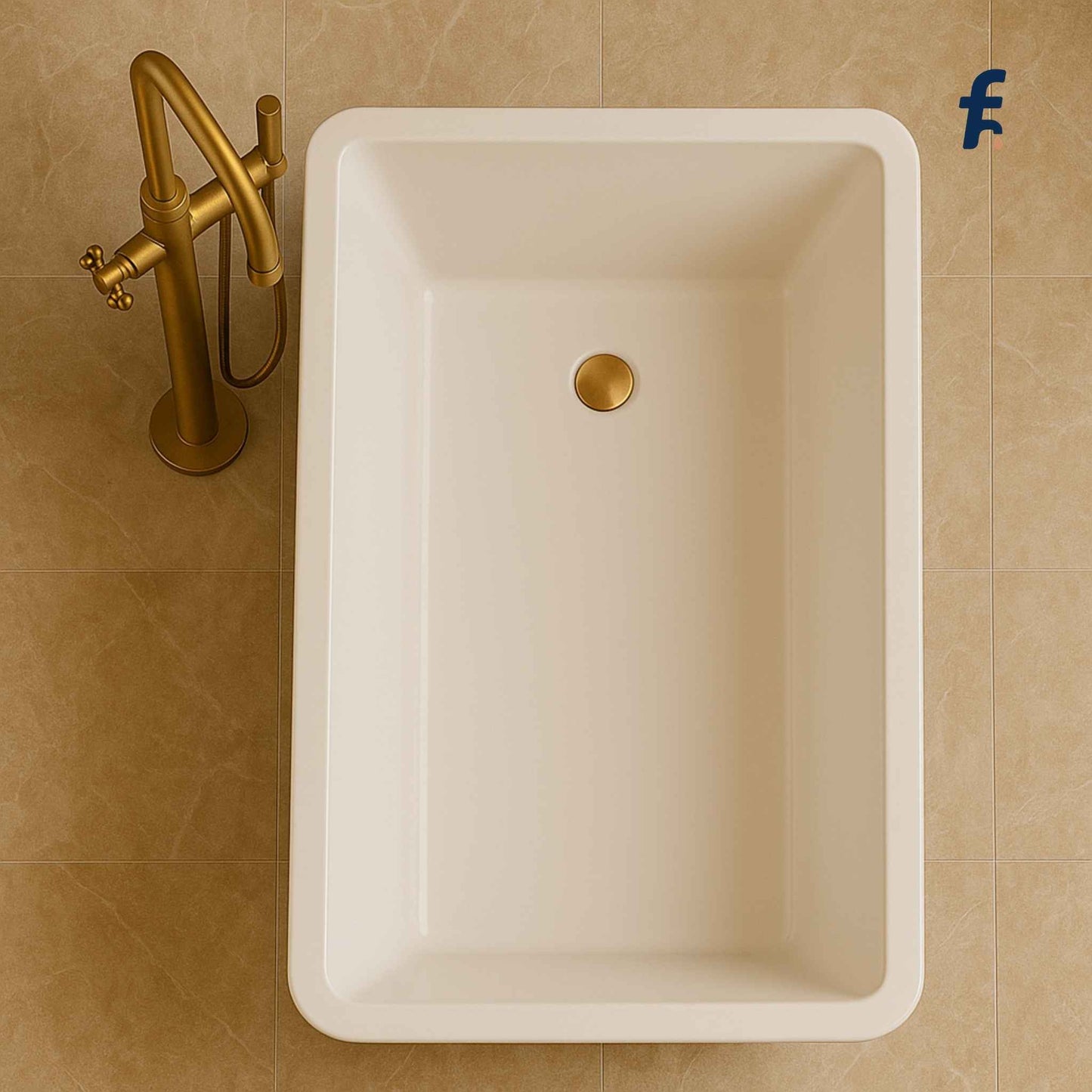 White sink with gold faucet on a beige tiled wall