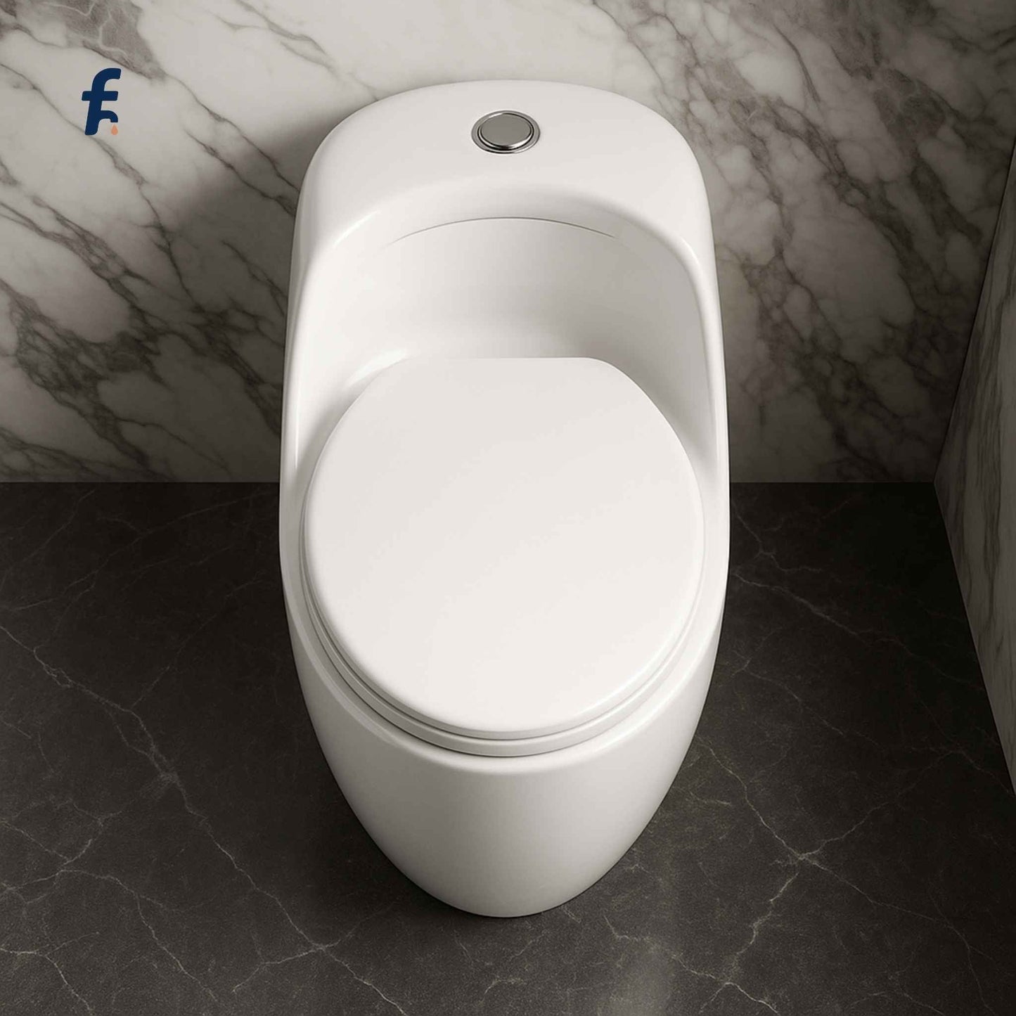Top angle view of white glossy integrated one-piece toilet with sleek design.
top view toilet, white one-piece WC, modern integrated toilet, luxury toilet top view, siphonic toilet design, compact WC, elegant ceramic toilet, toilet for luxury bathroom