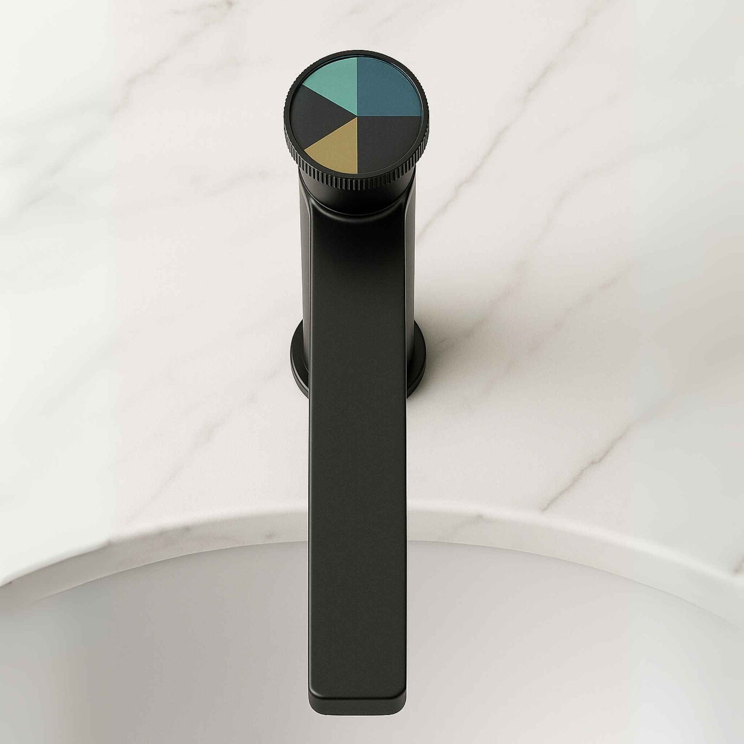 Black faucet with colour swatch on a white background, Top angle shot of matte black bathroom tap with ceramic basin