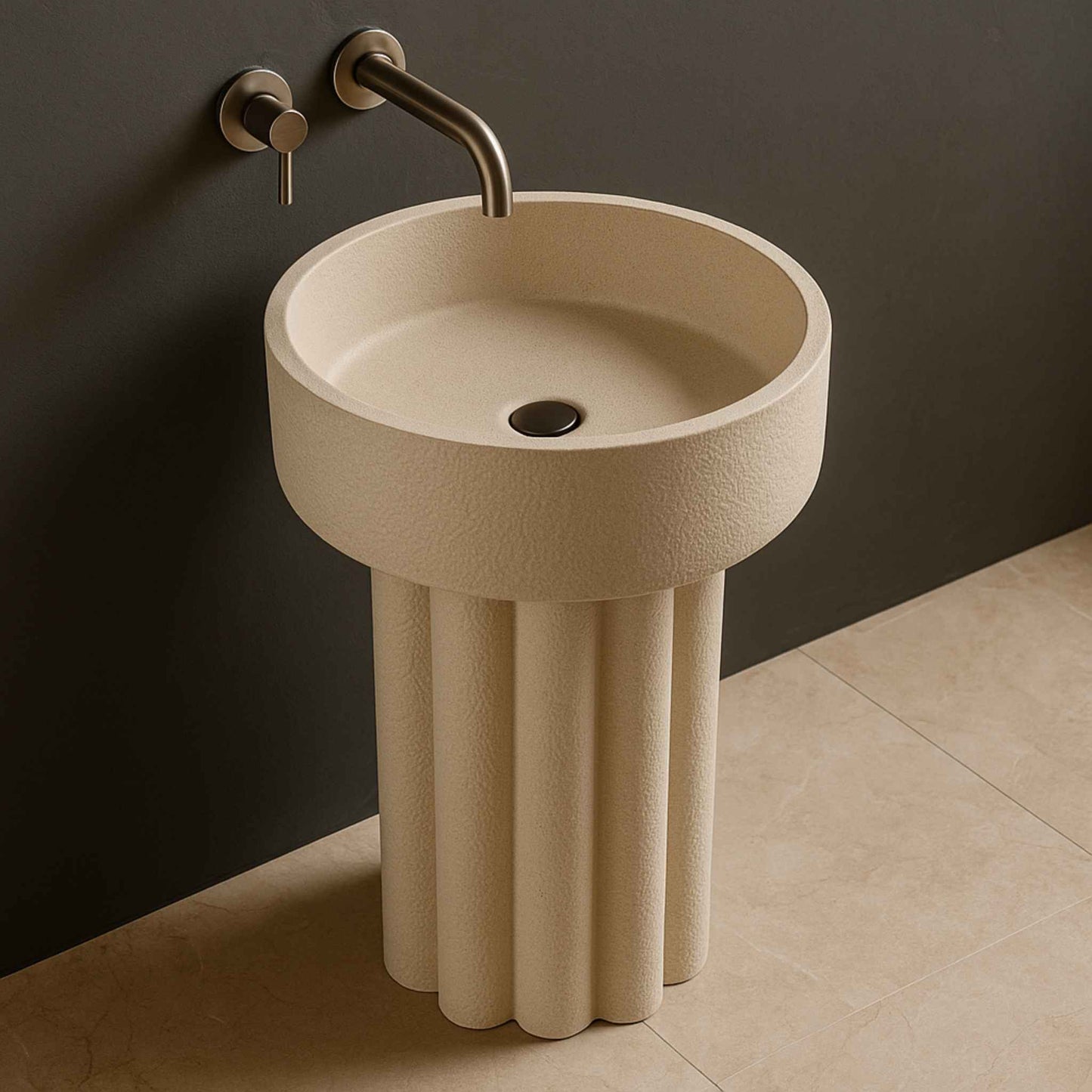 op angle showing interior and texture of the circular stone washbasin
