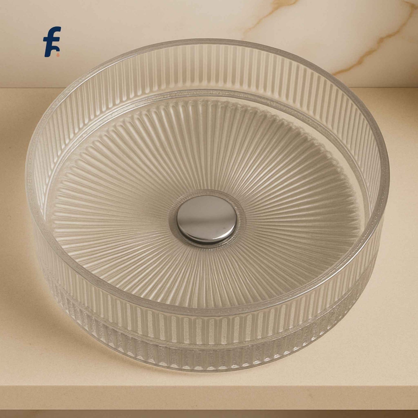 Detailed top close-up showing sunburst pattern of ribbed glass wash basin