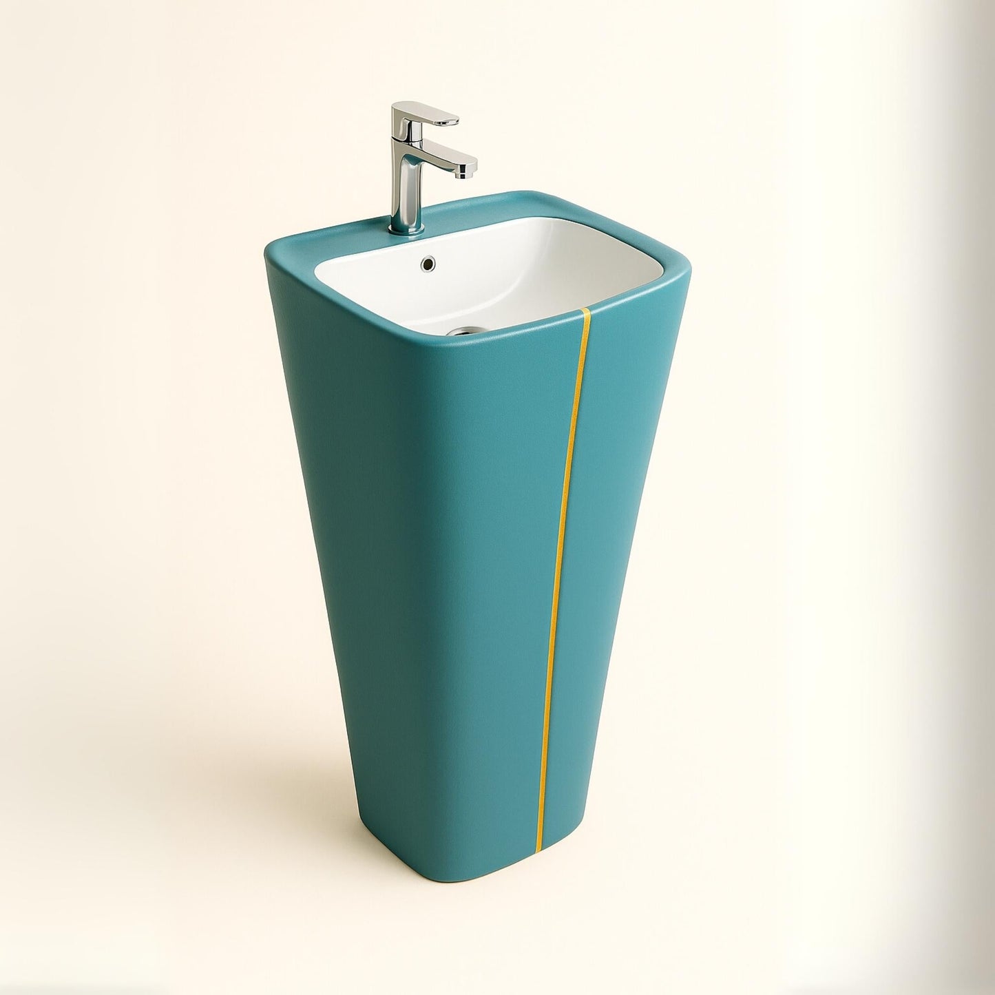 Front view of turquoise ceramic pedestal basin with gold detailing
