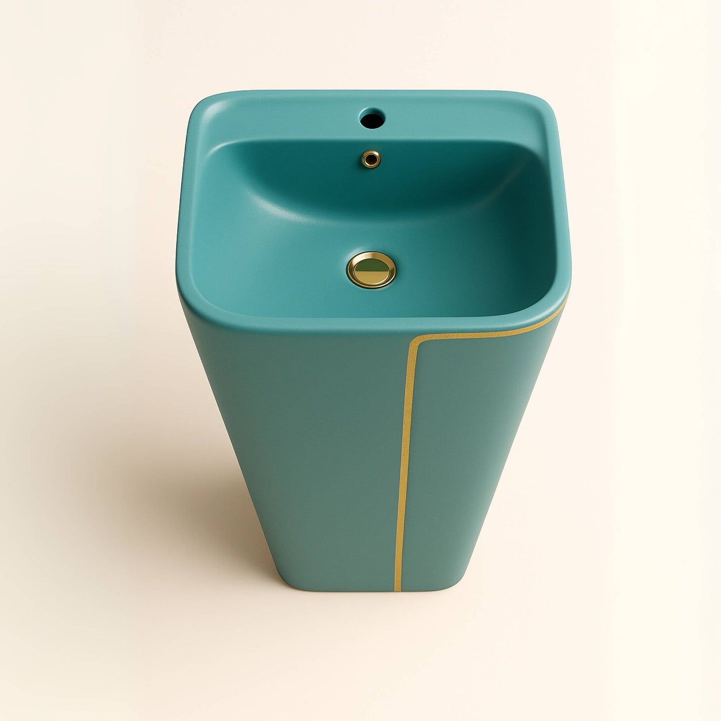 Top angle view of turquoise square bowl washbasin with glossy finish