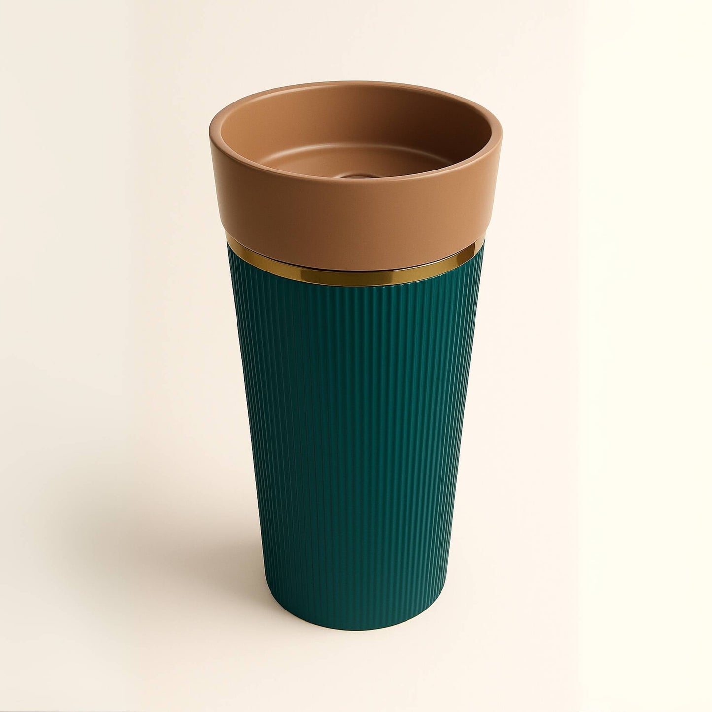 Two-tone designer pedestal washbasin with beige glossy bowl and teal ribbed base for luxury bathrooms