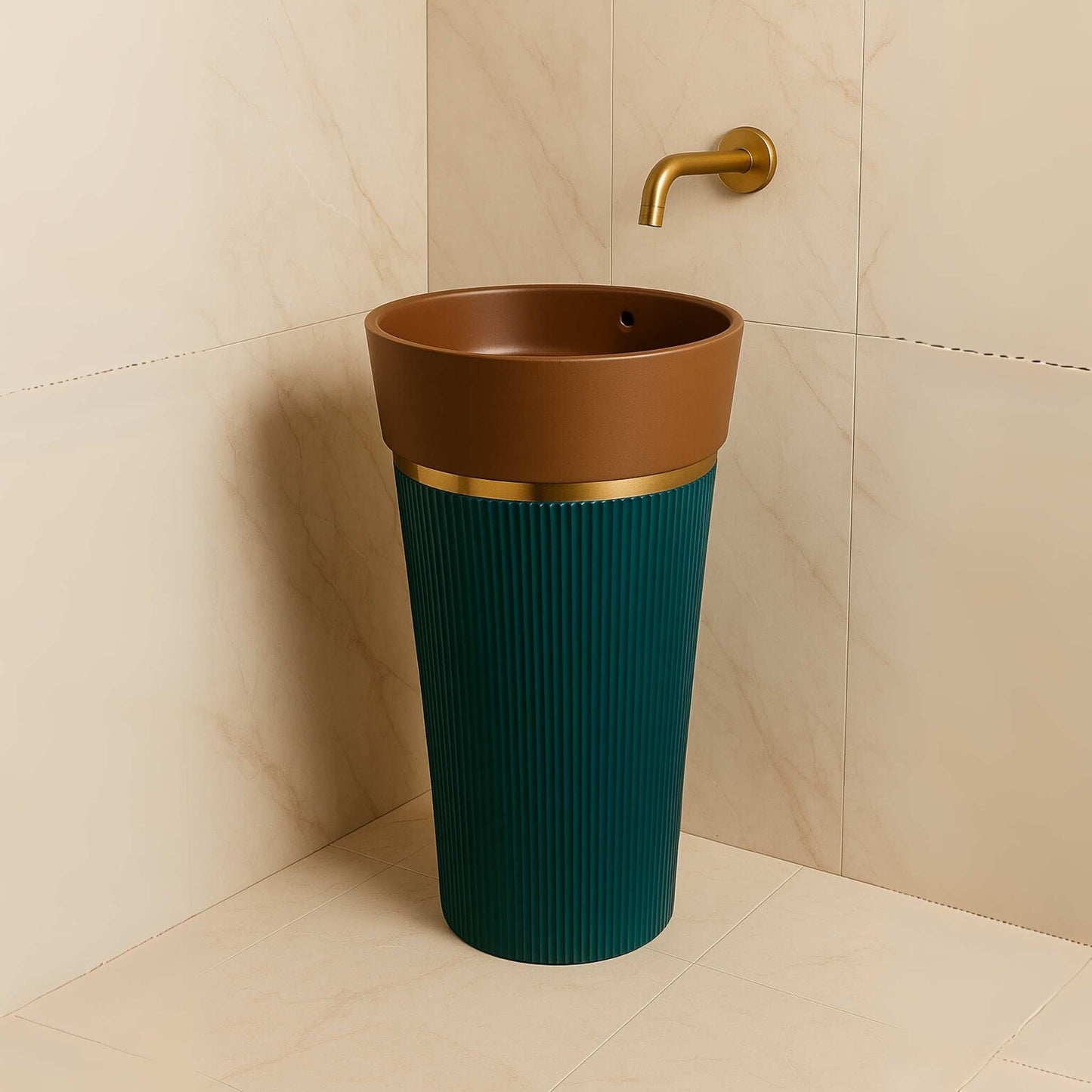 Two-tone designer pedestal washbasin with beige glossy bowl and teal ribbed base for luxury bathrooms