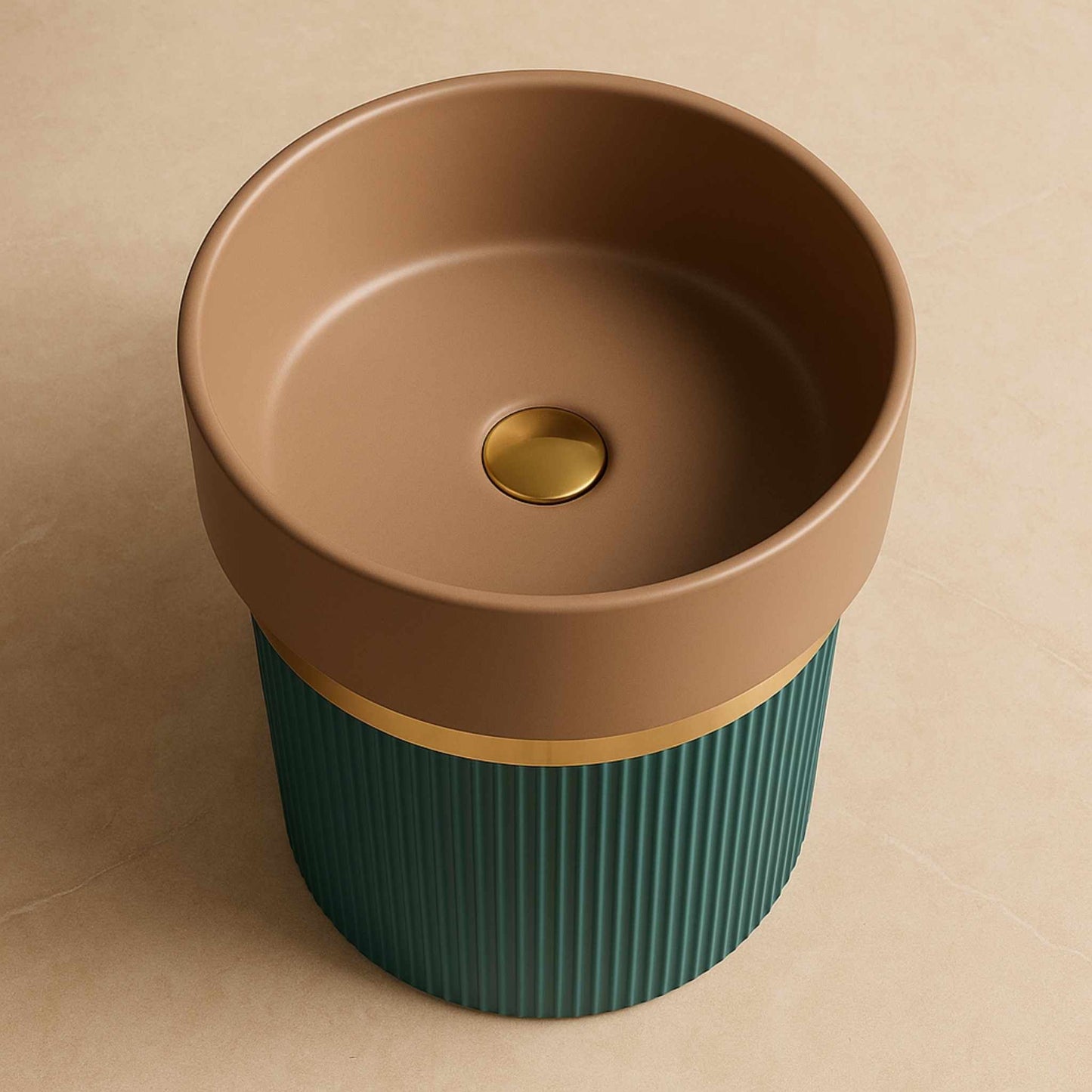 Two-tone designer pedestal washbasin with beige glossy bowl and teal ribbed base for luxury bathrooms top angle.
