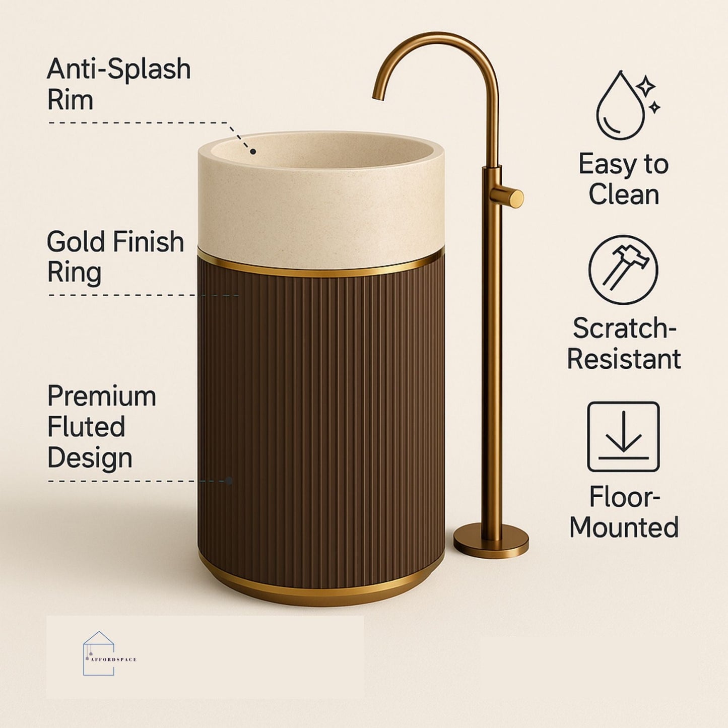 AD-style image showing two-tone fluted pedestal basin with gold accents and feature highlights