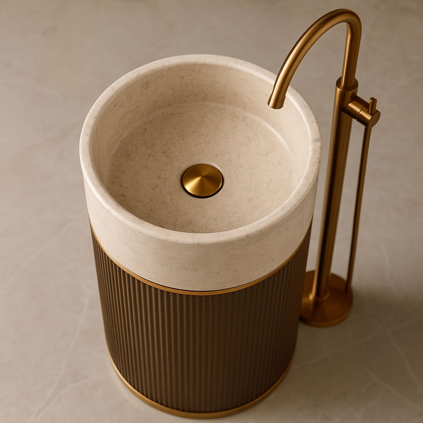 Top-down view of cream marble finish basin with round bowl