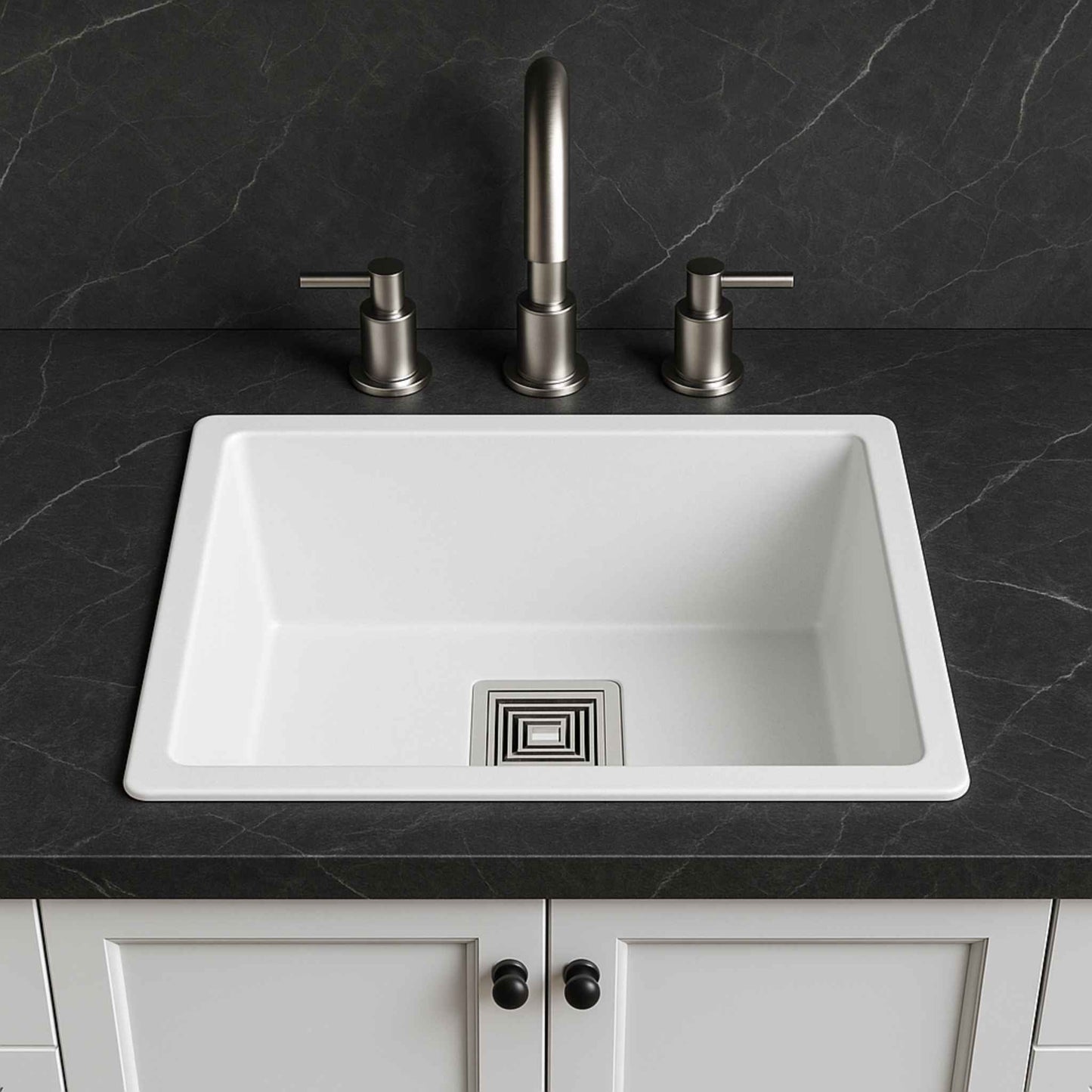 Front angle of metallic single bowl kitchen sink placed in dark marble kitchen