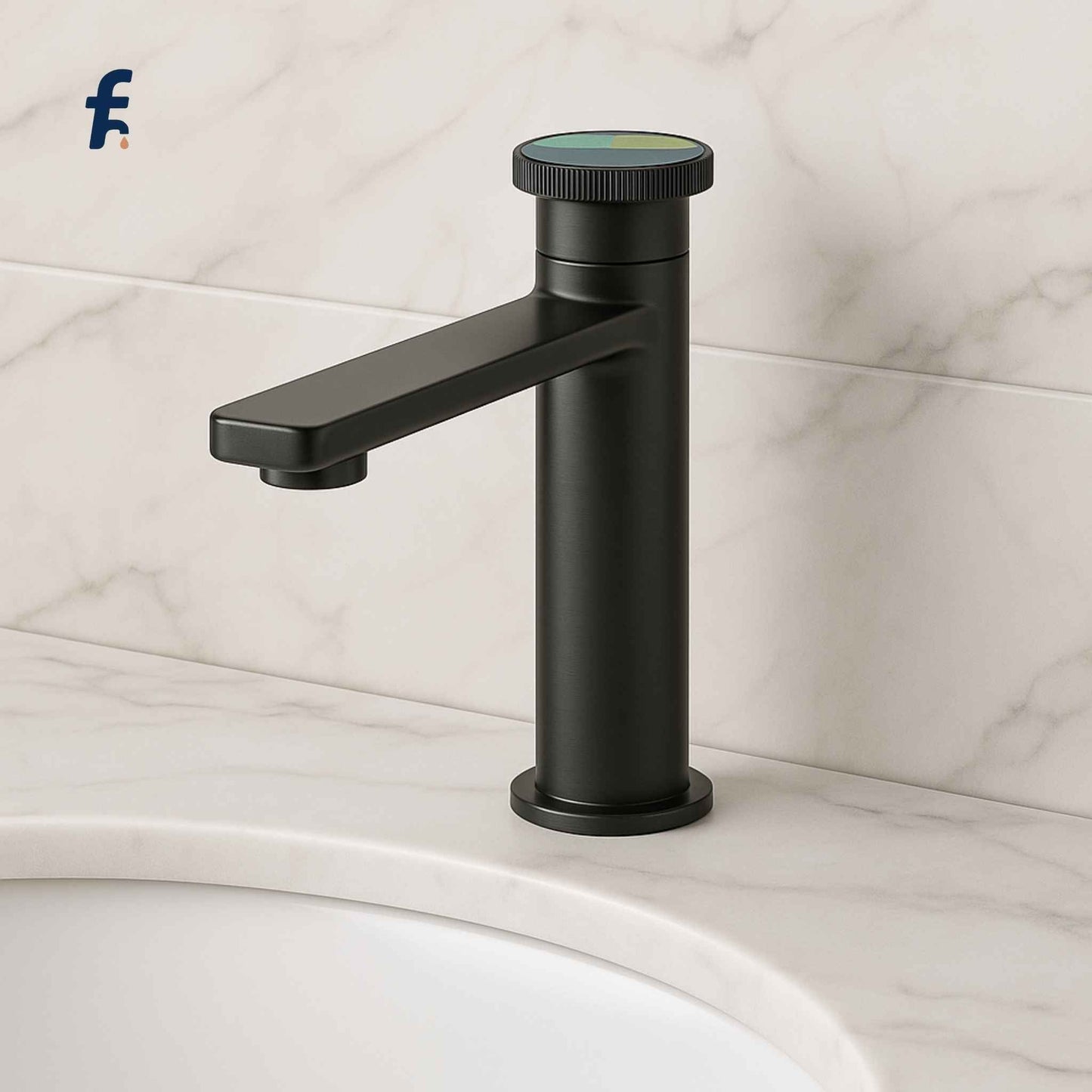 Black faucet on a marble bathroom sink with a light gray tiled wall background. Full bathroom vanity with pendant lights and black modern faucet