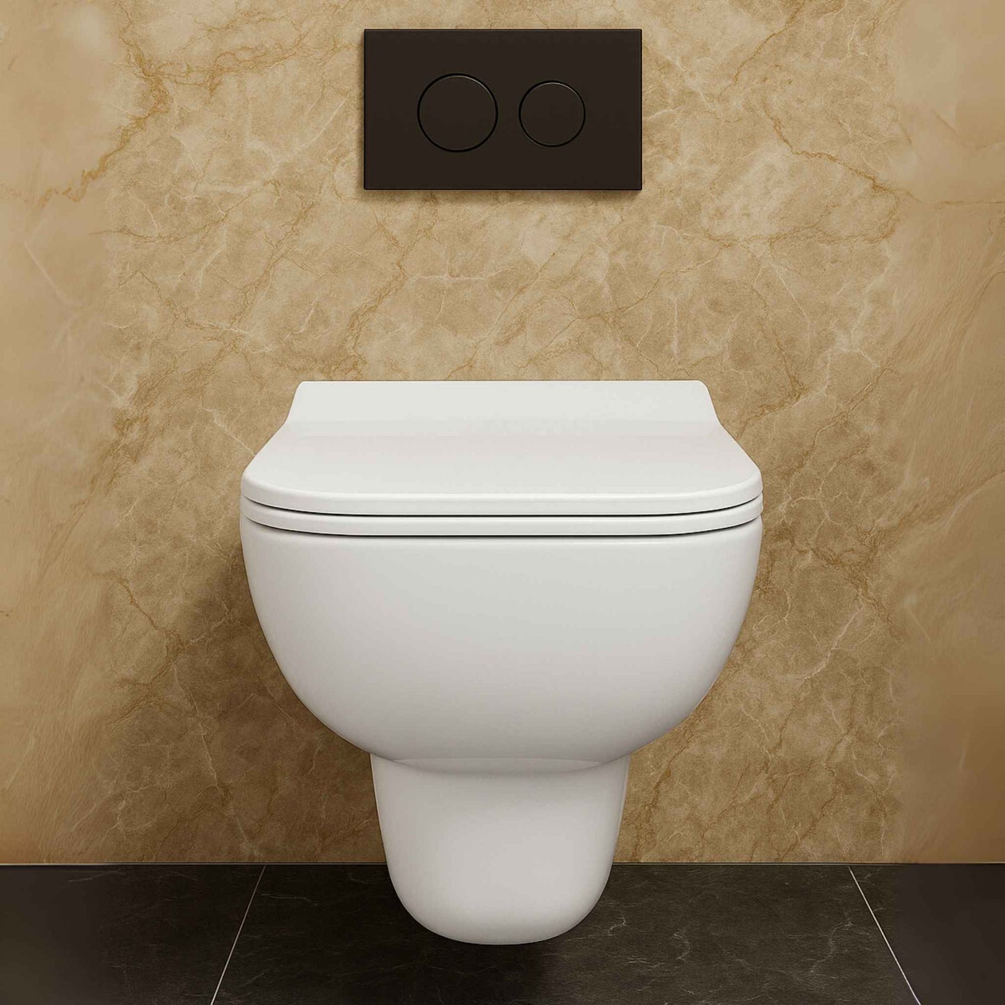 Affordable wall hung toilet front view with dark grey flooring