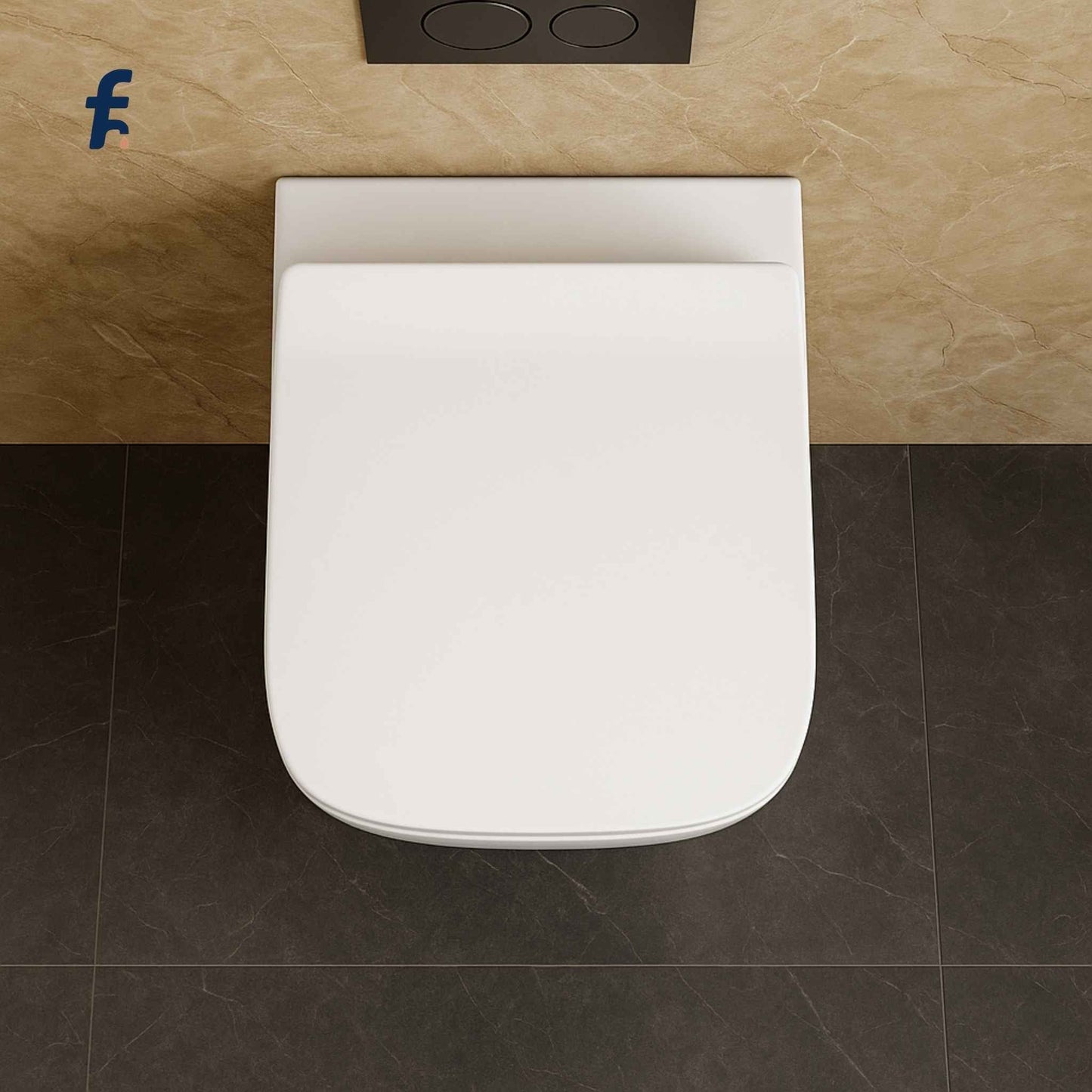 White toilet seat on a tiled bathroom floor with a beige wall in the background